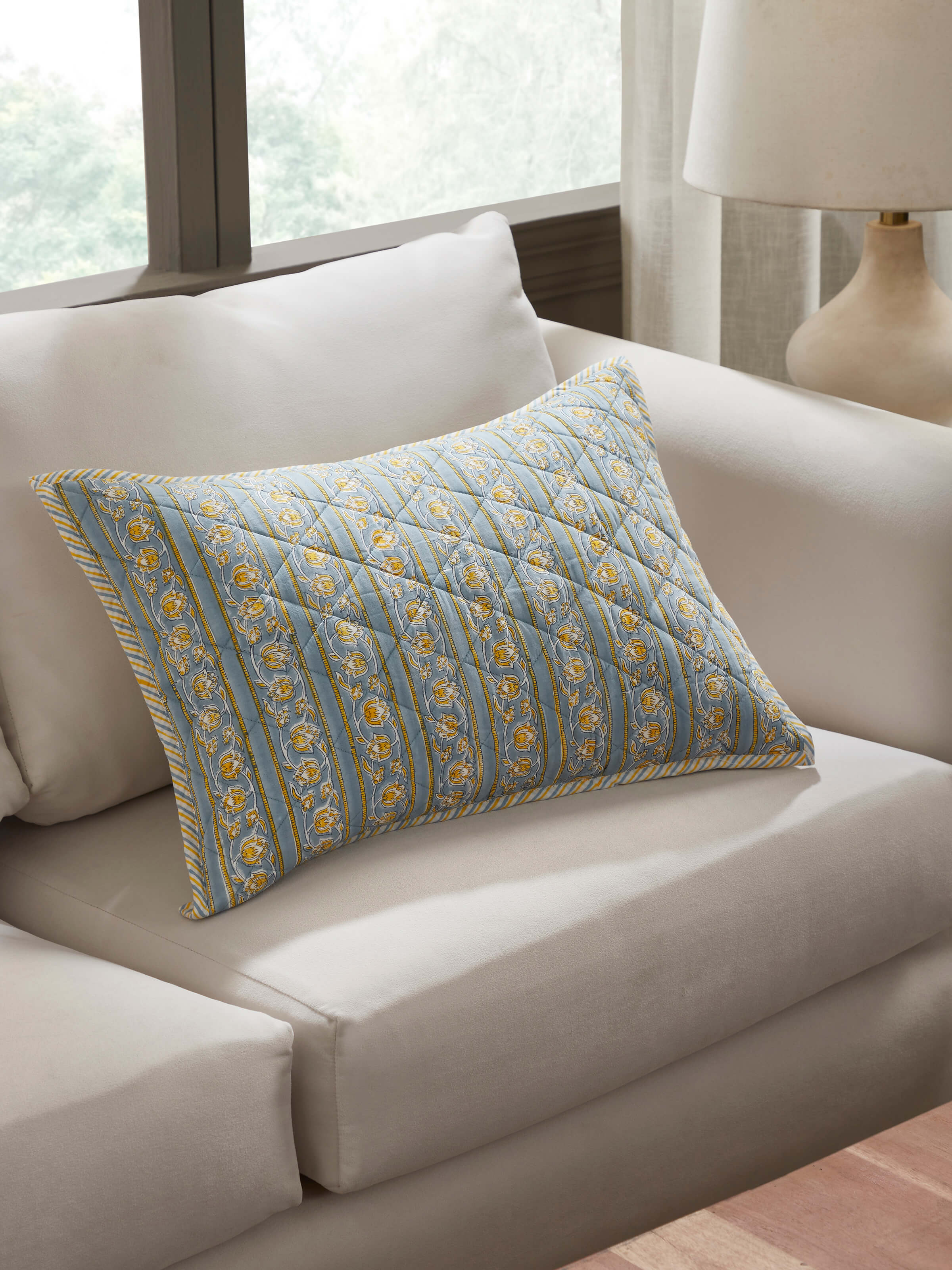 Kairavam Blue Floral Cotton Sanganeri Hand Block Printed Cushion Cover