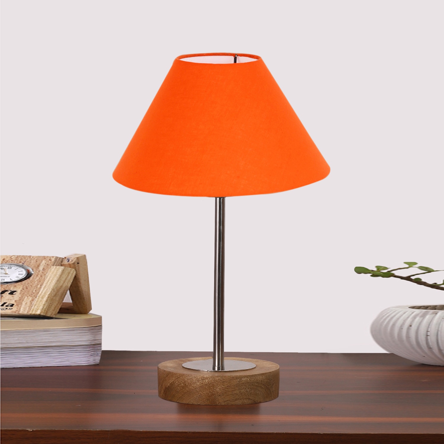 Devansh Orange Cotton Table Lamp With  Natural  Wood Base  & Steel Pipe -(10X16.25 Inches)-30 - Devansh