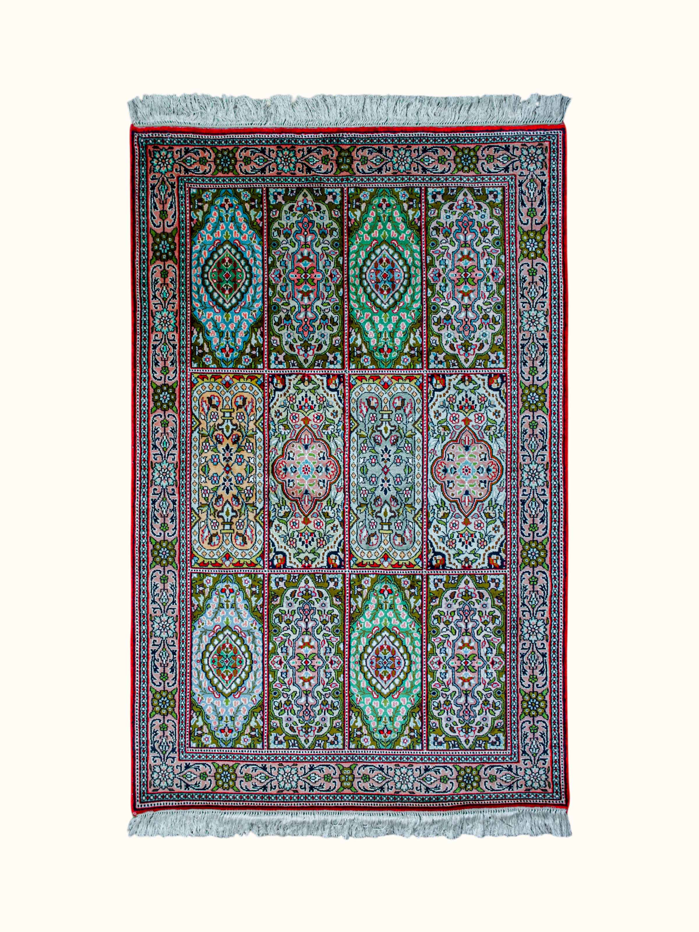 Traditional Persian Green Gum Kashmir Silk Hand-Knotted Carpet
