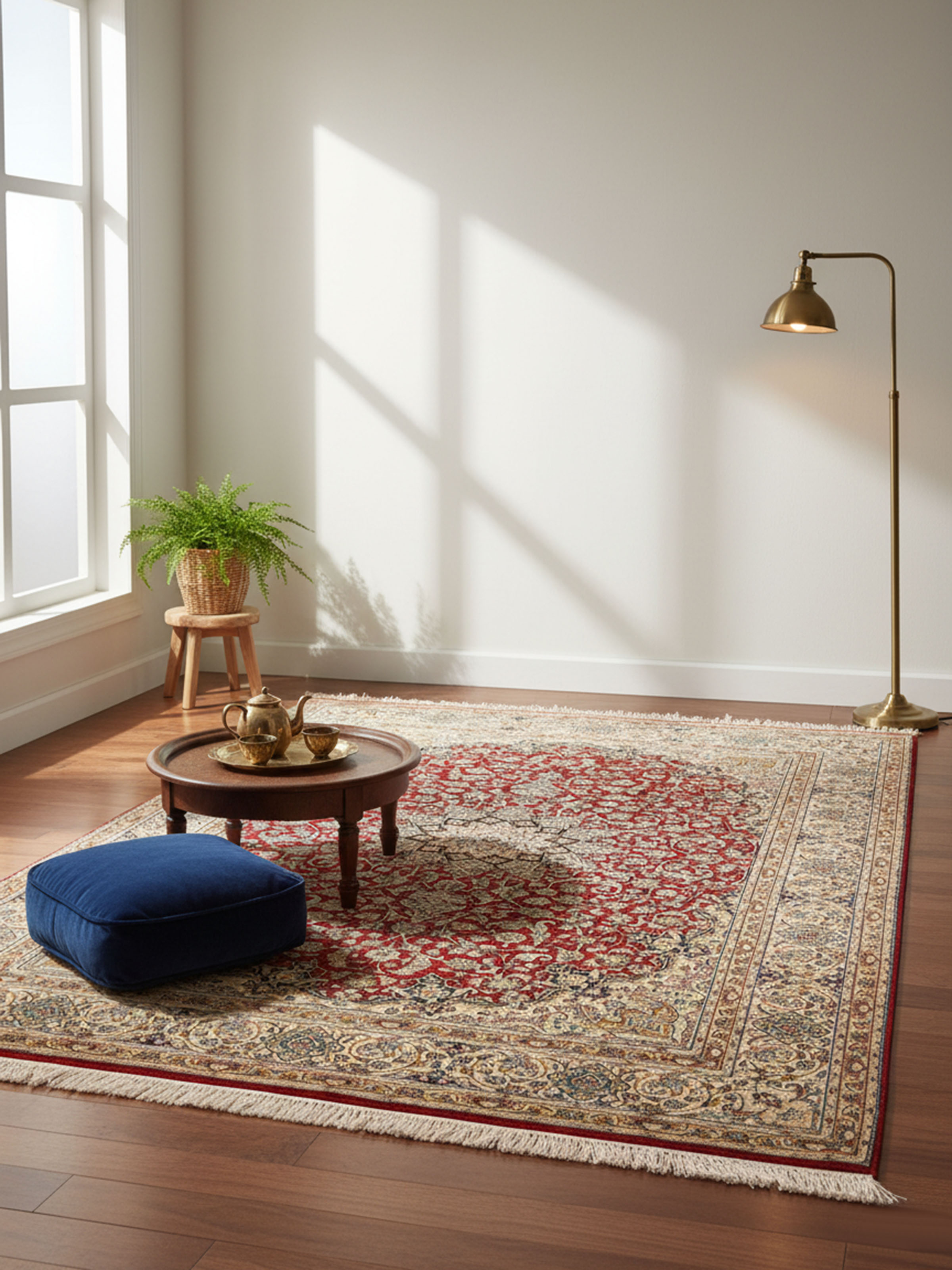 Traditional Kashan red Kashmir silk hand-knotted carpet with intricate medallion design – Swadesh