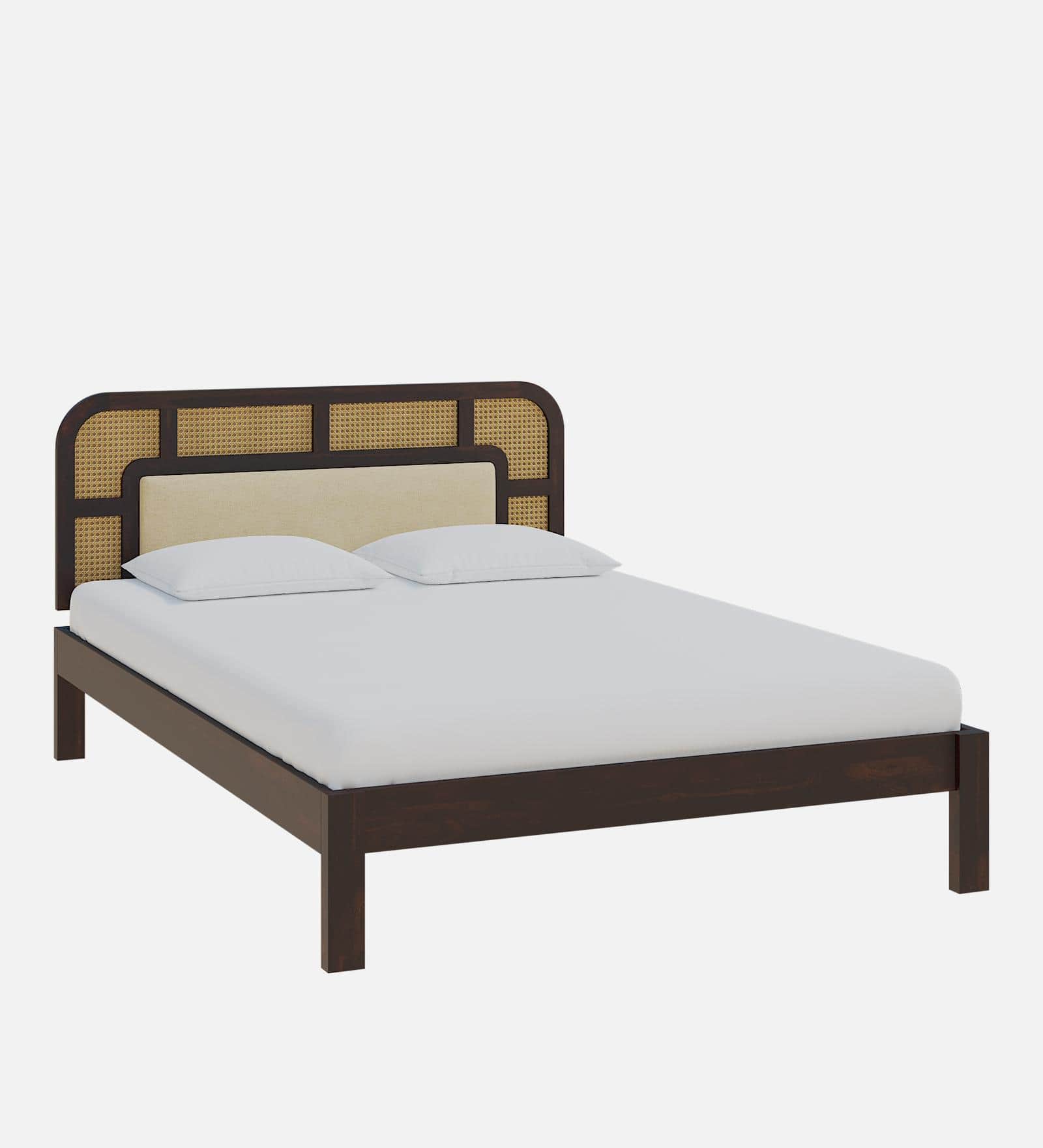 Rattan Solid Wood Queen Size  Bed Without Storage In Walnut Finish