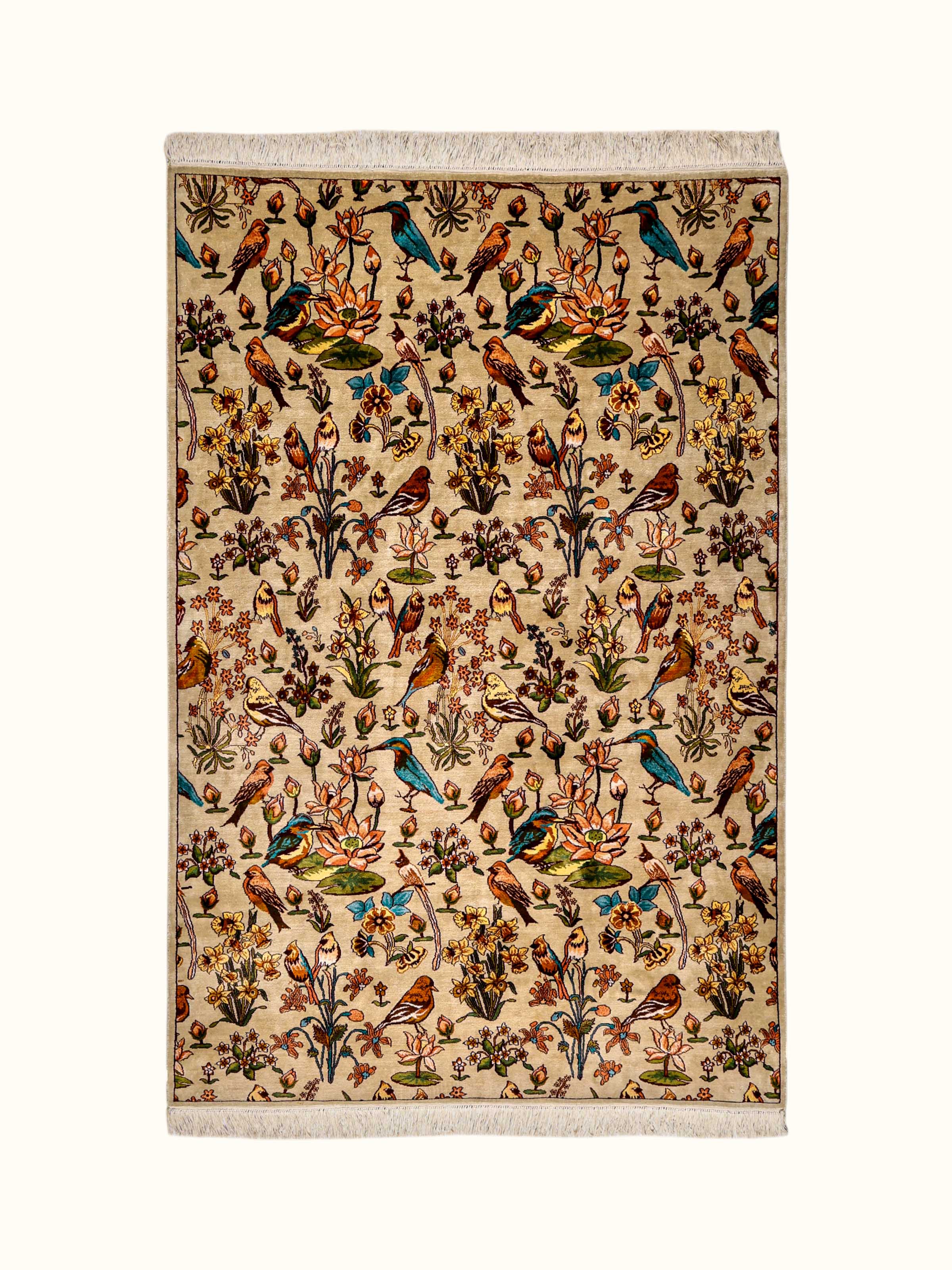Traditional Gilded Sage Gul-e-Bulbul Kashmir Silk Hand-Knotted Carpet