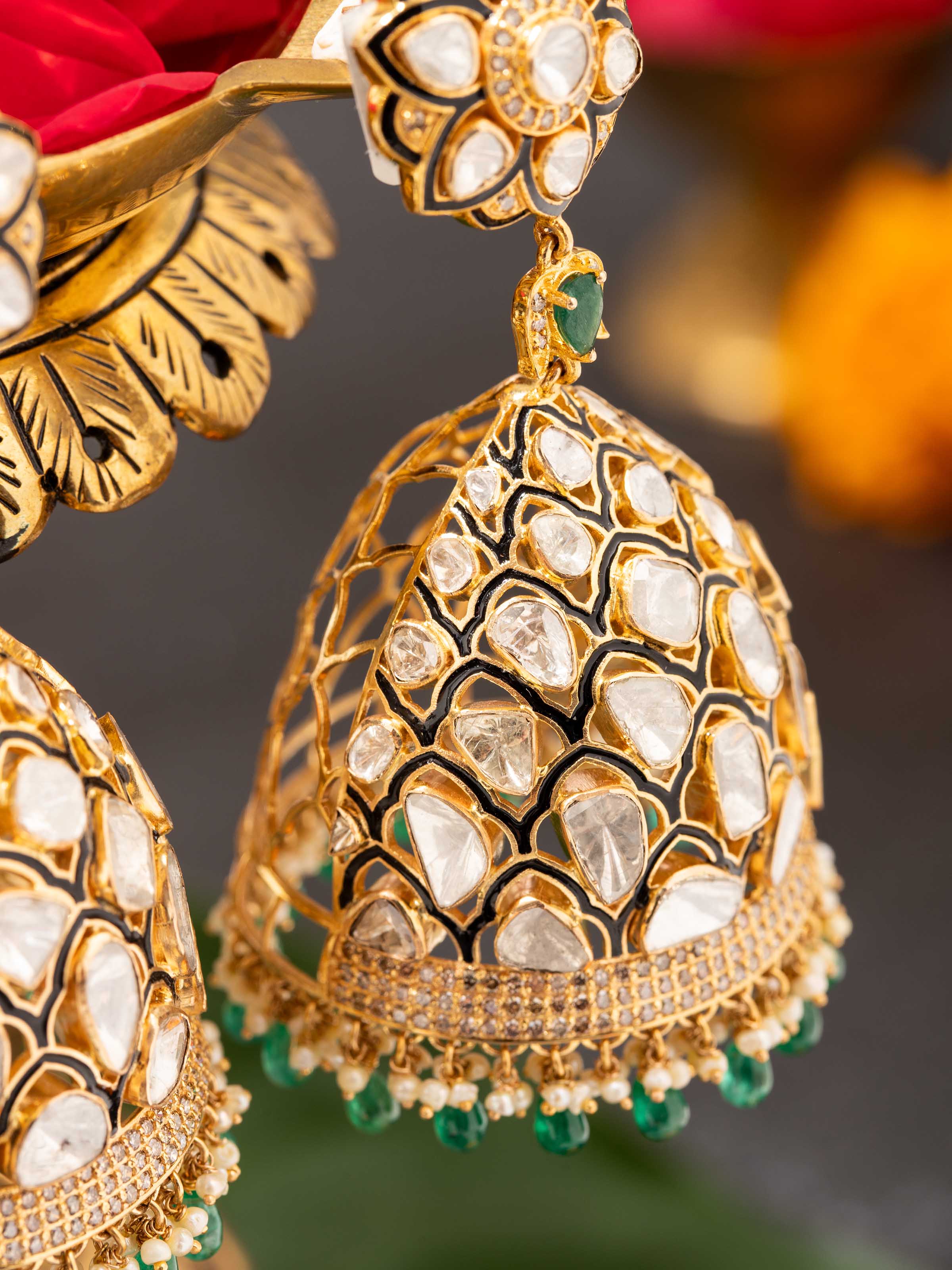 Dank Polki 14 Karat Gold Jhumkas