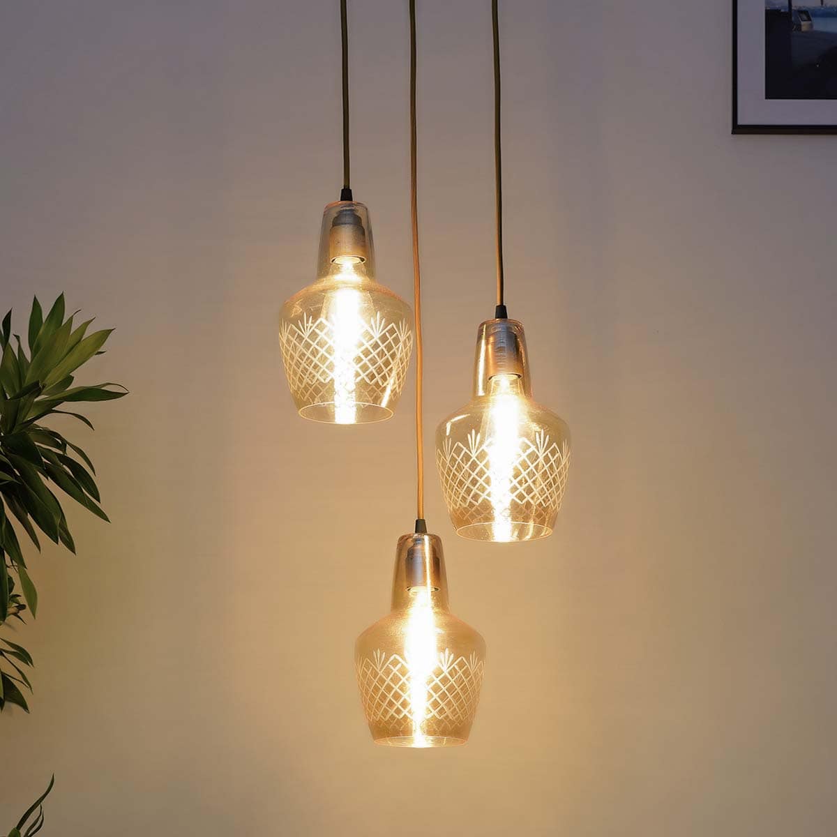 Alita 3 Light Amber Luster Glass Brass Edge Pendant Cluster