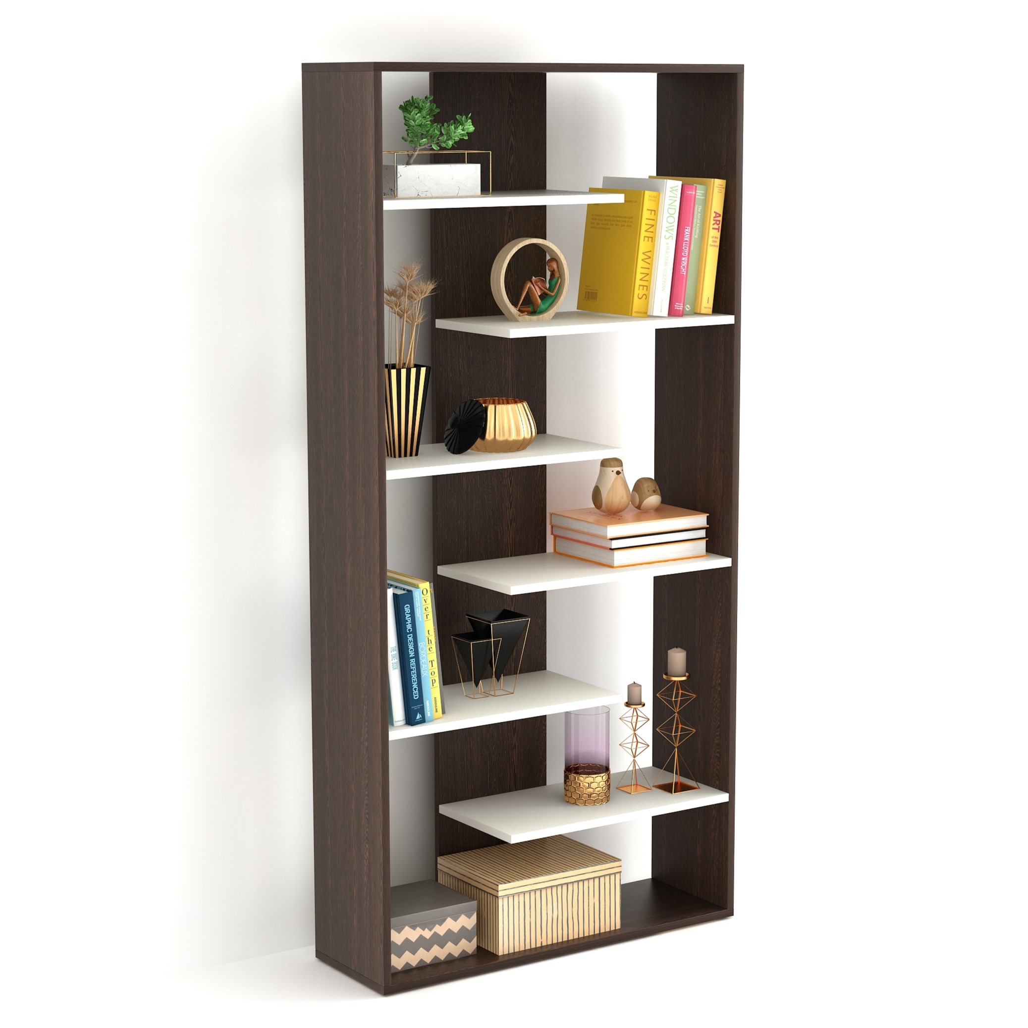 BLUEWUD Maxelle Engineered Wood Bookshelf Cabinet Book Rack Organizer with Shelves for Decor Display, Cabinet Floor Standing for Home Library (Wenge & White)