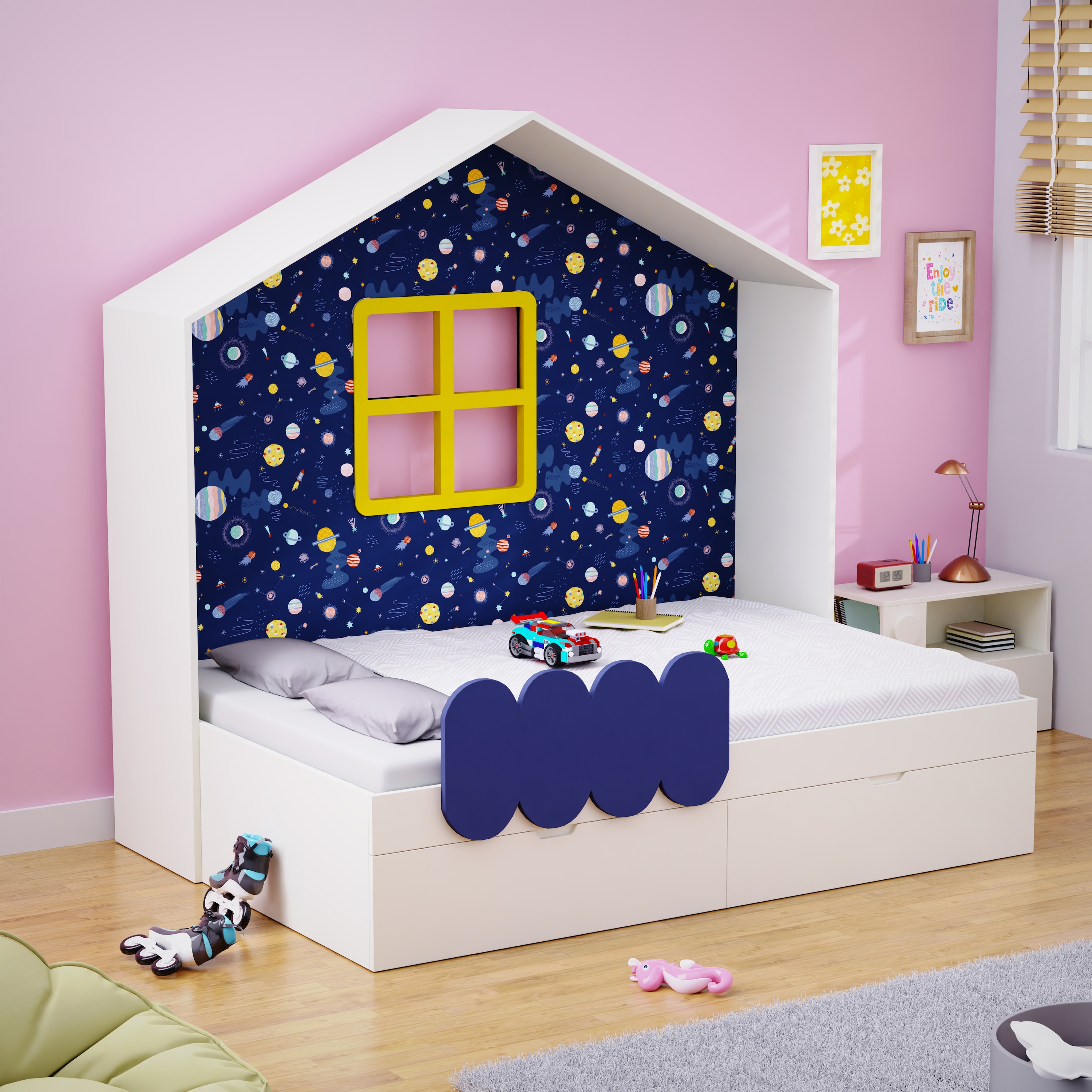 Little Hut Bed 6X4 Drawers On Wheels In Blue Colour53