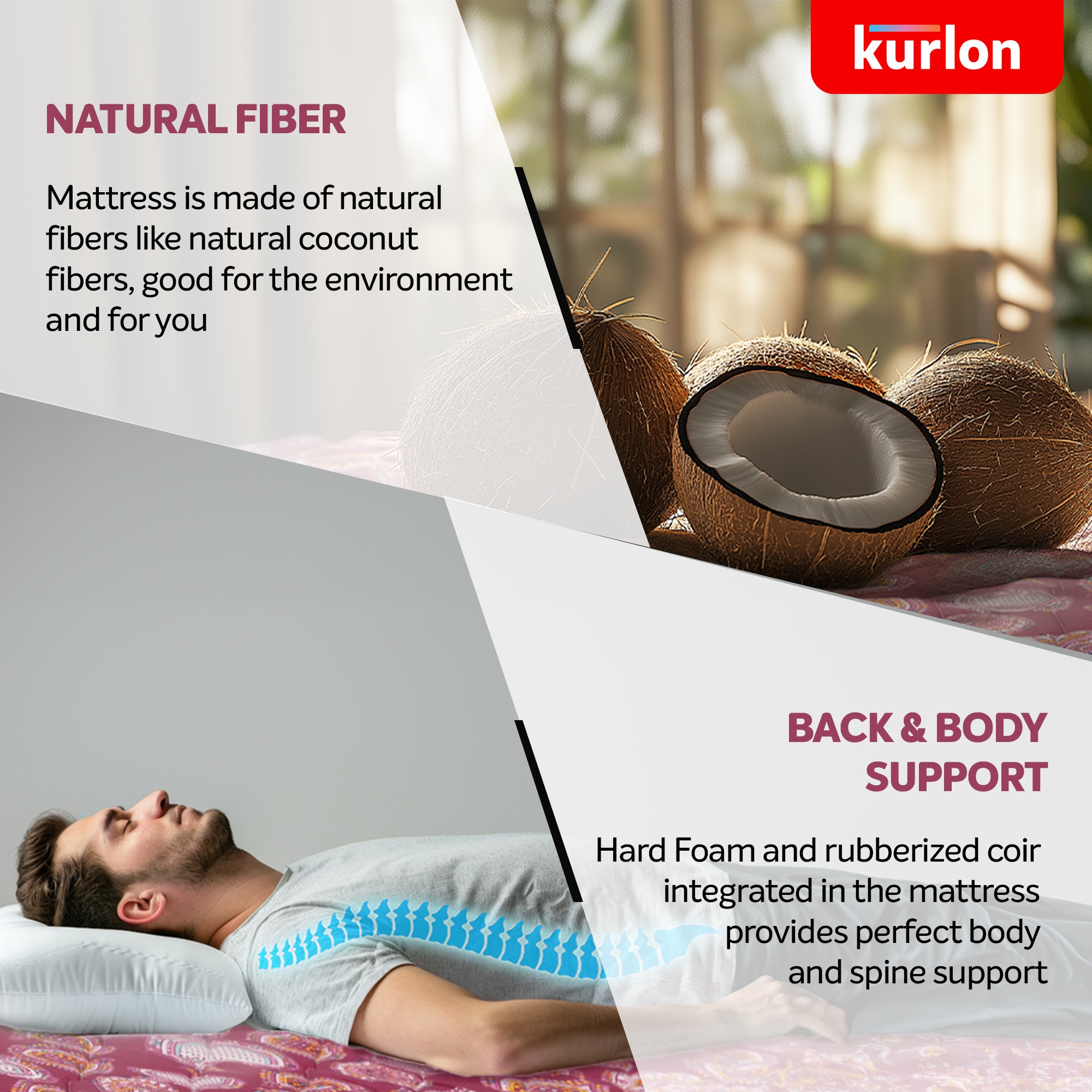 KURLON Natural Rubberized Coir, Medium Firm Support 5 inch Single Coir Mattress (L x W: 72 inch x 36 inch)