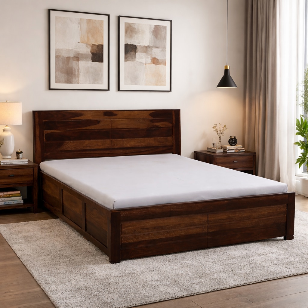 Ashford Solid Wood Queen  Size Bed With Hydraulic Storage (Provincial Teak Finish) - Ferrowoods
