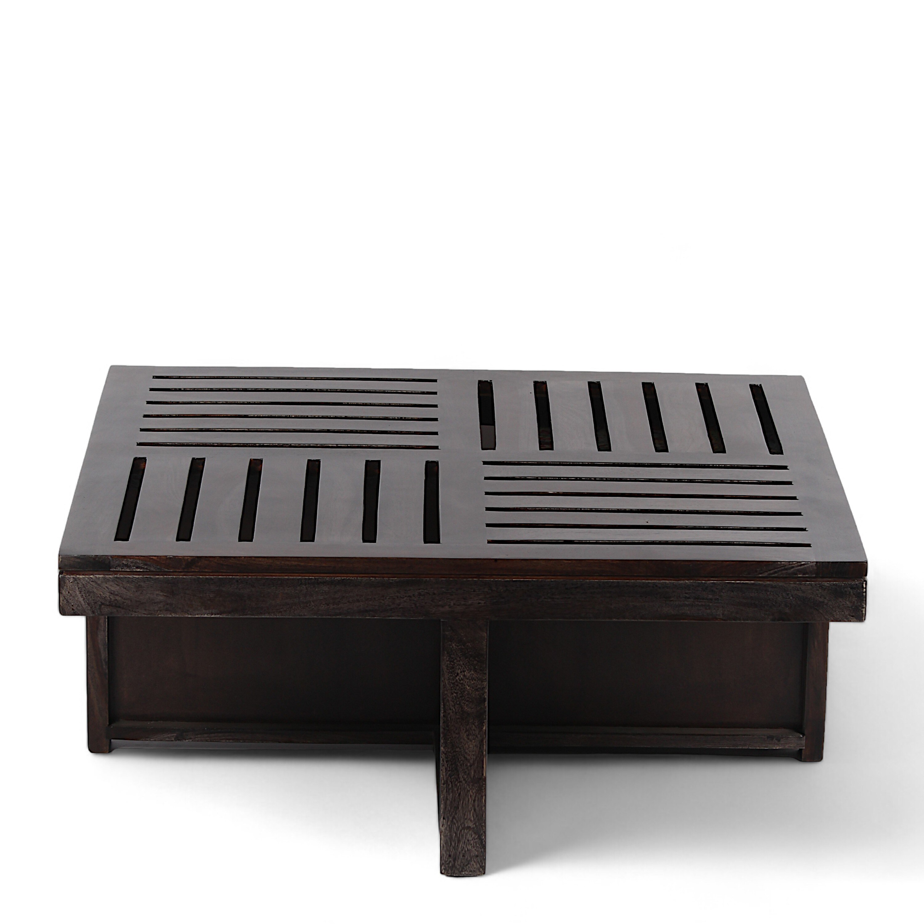 Palladio Sheesham Wood Coffee Table With 4 Stools Set In Mahogany Finish & Turquoise Sea Velvet Fabric Cushions