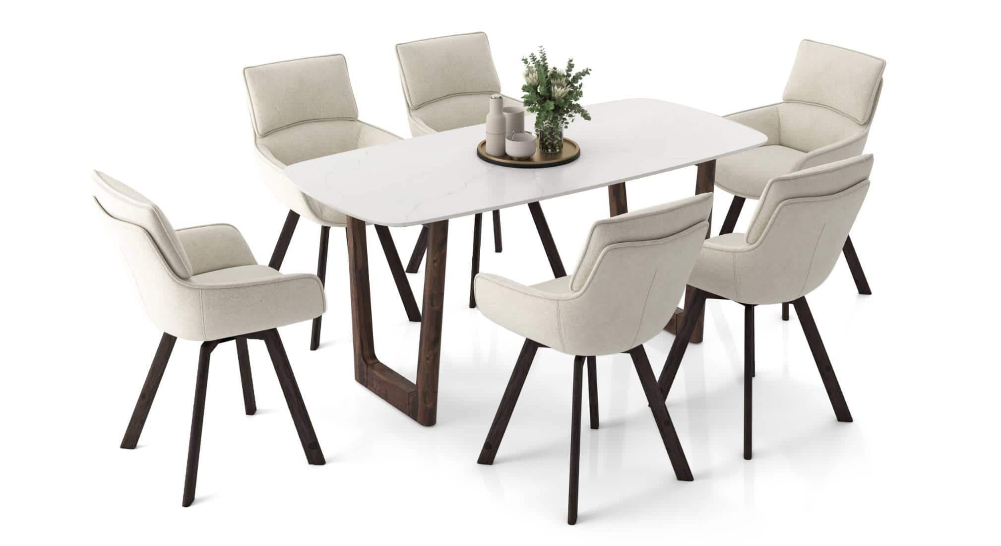 Adria Karara Quitese Top Dining Table With Set Of 6 Bren Swivel Dining Chairs (Colour- Ivory, Finish- Carrara White)