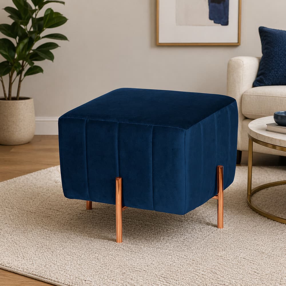 Doe Buck Regent Channel Tufted Velvet Ottoman Stool in Blue Colour with Rose Gold Legs - Doe Buck