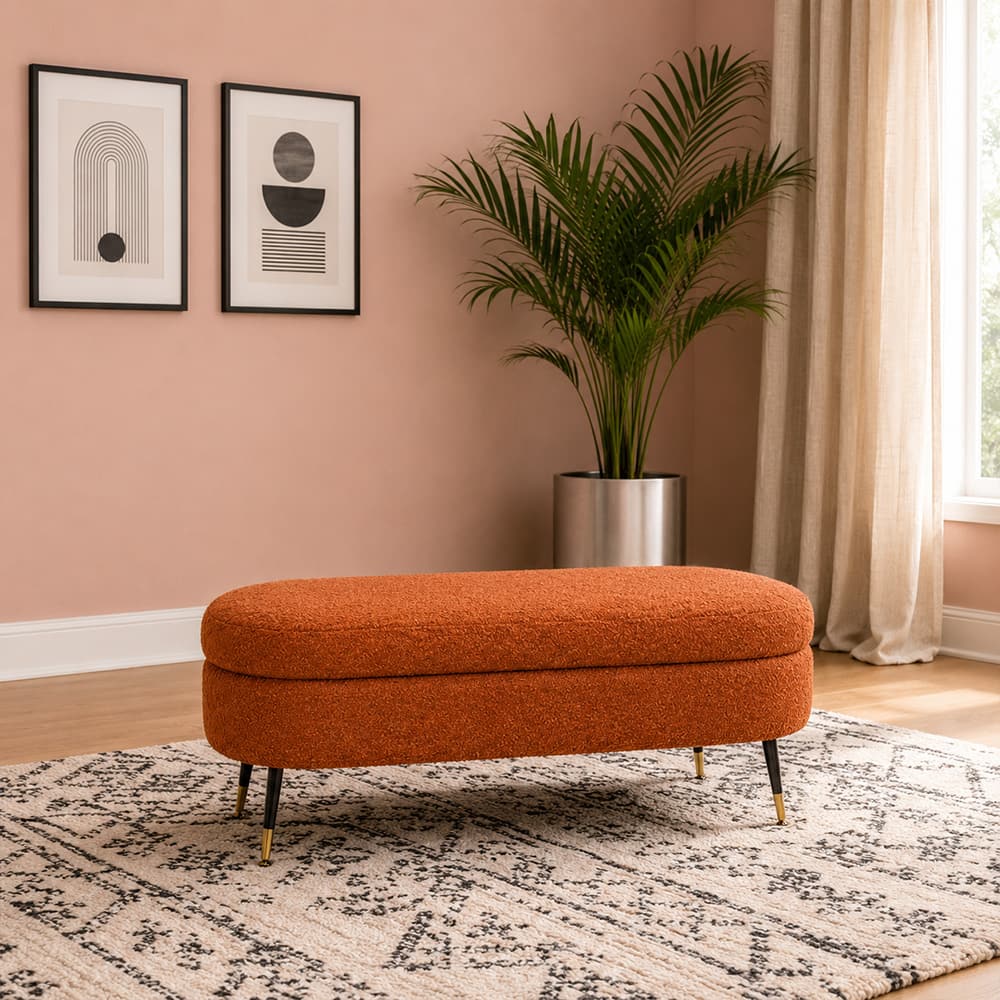 Doe Buck Luxury Boucle Storage Bench in Rust Colour with Gold Tipped Legs - Doe Buck