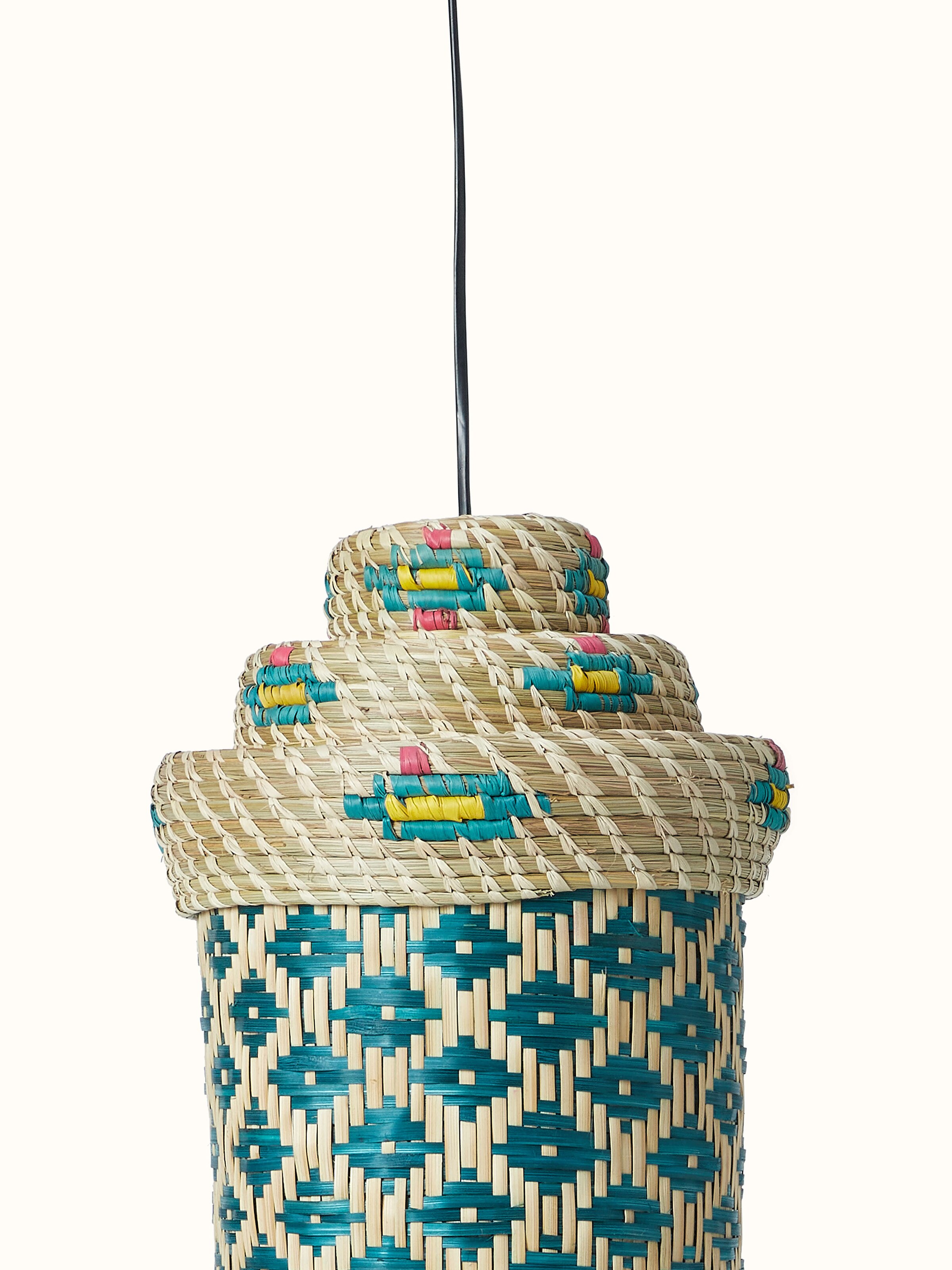 Close-up view of Kanshi basketry natural fibre pendant light in teal color showing the detailed weaving and natural fiber texture