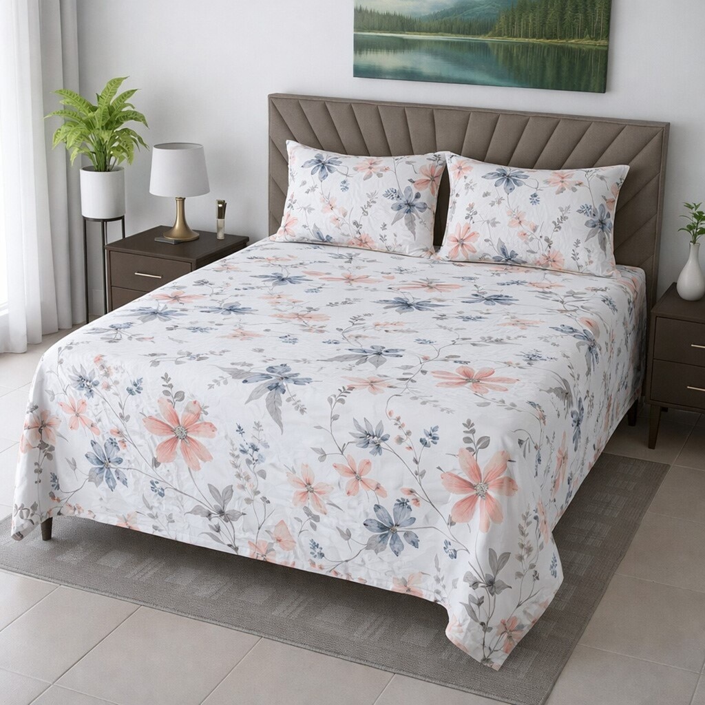 Elara Off White Floral 400 TC Cotton Flat Super King Size Bedsheet with 2 Pillow Covers – Threads