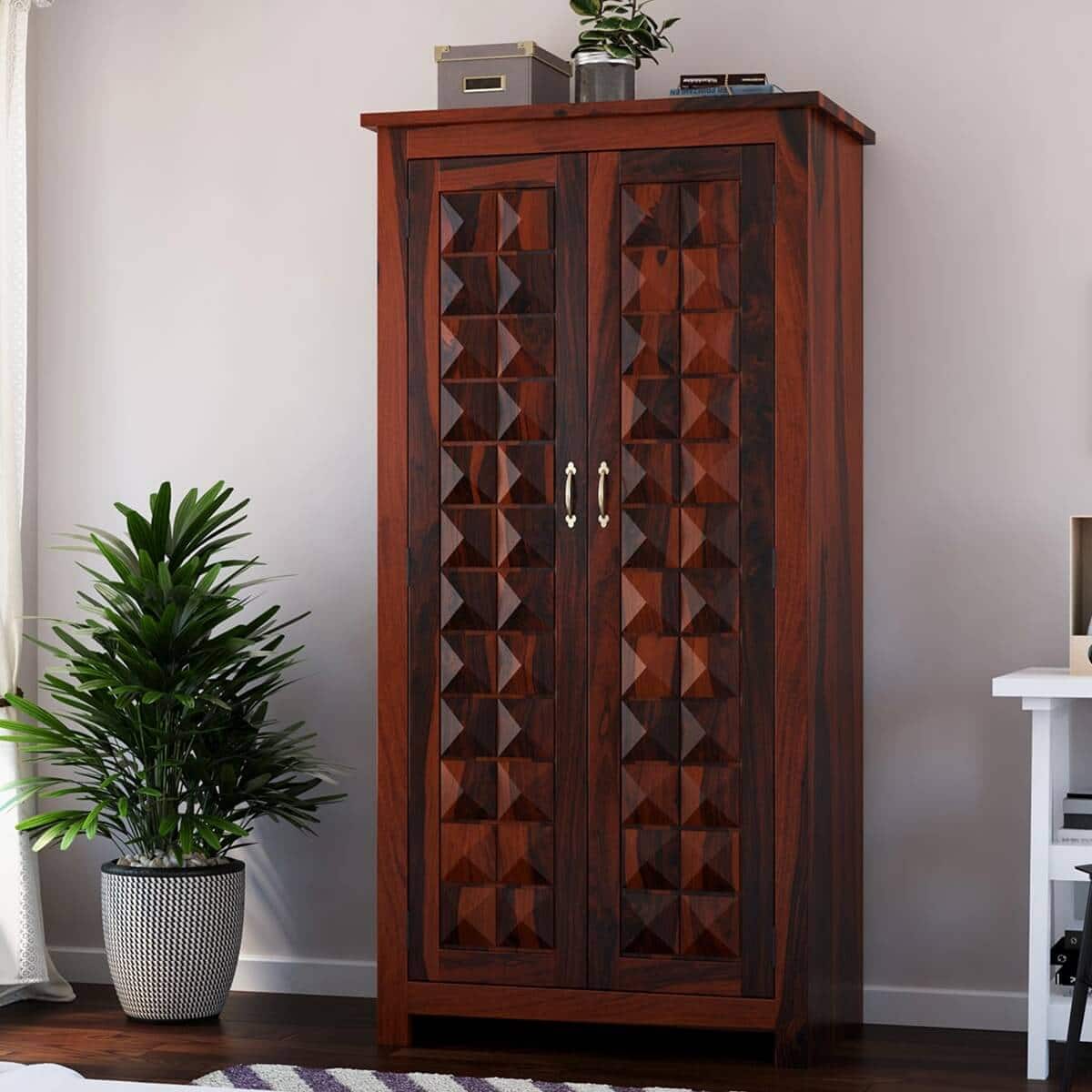 Diamond 2 Door Sheesham Wood Wardrobe in Mahogany Finish