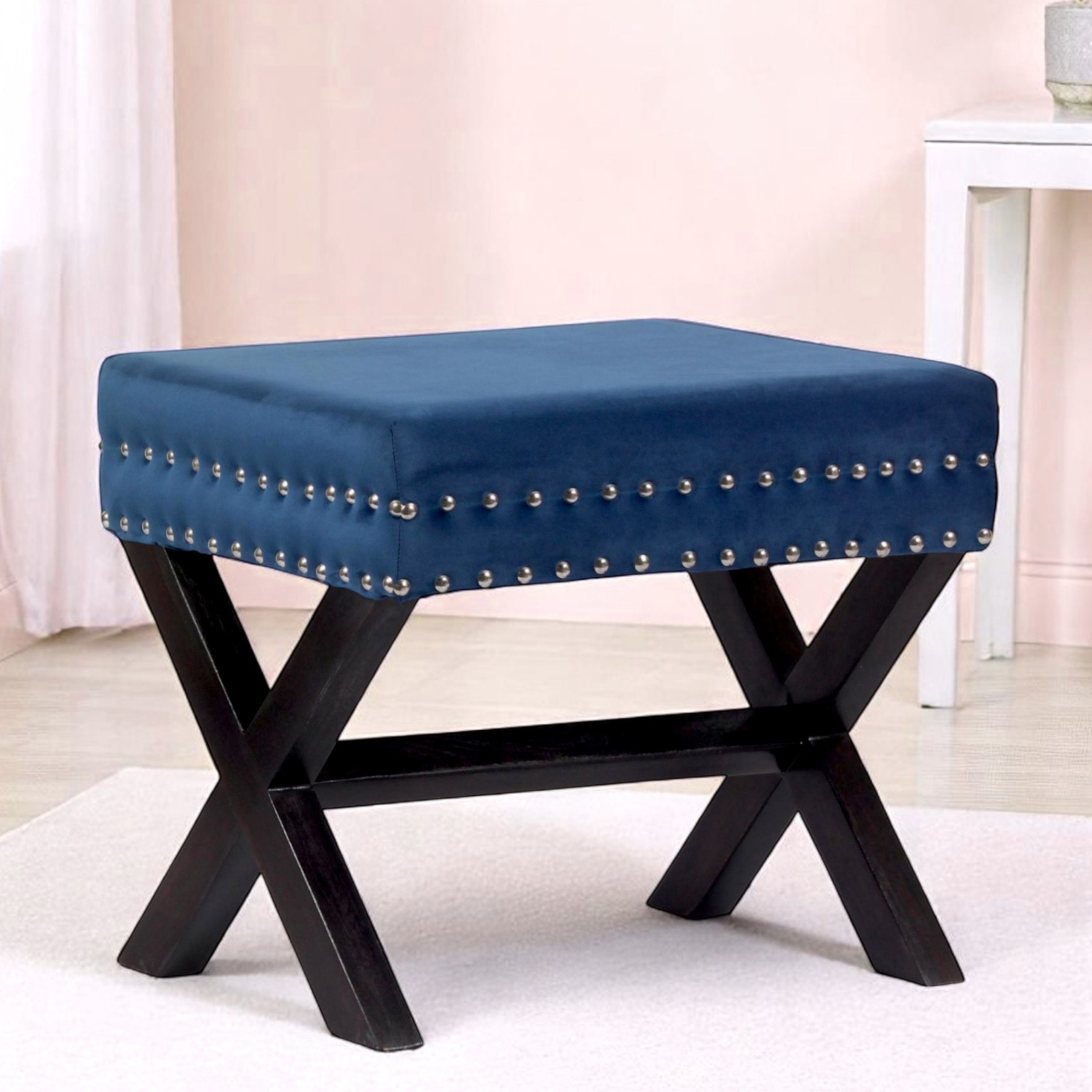 Rosslyn Solid Wood Pouf Stool in Navy Blue Velvet - Ikiriya