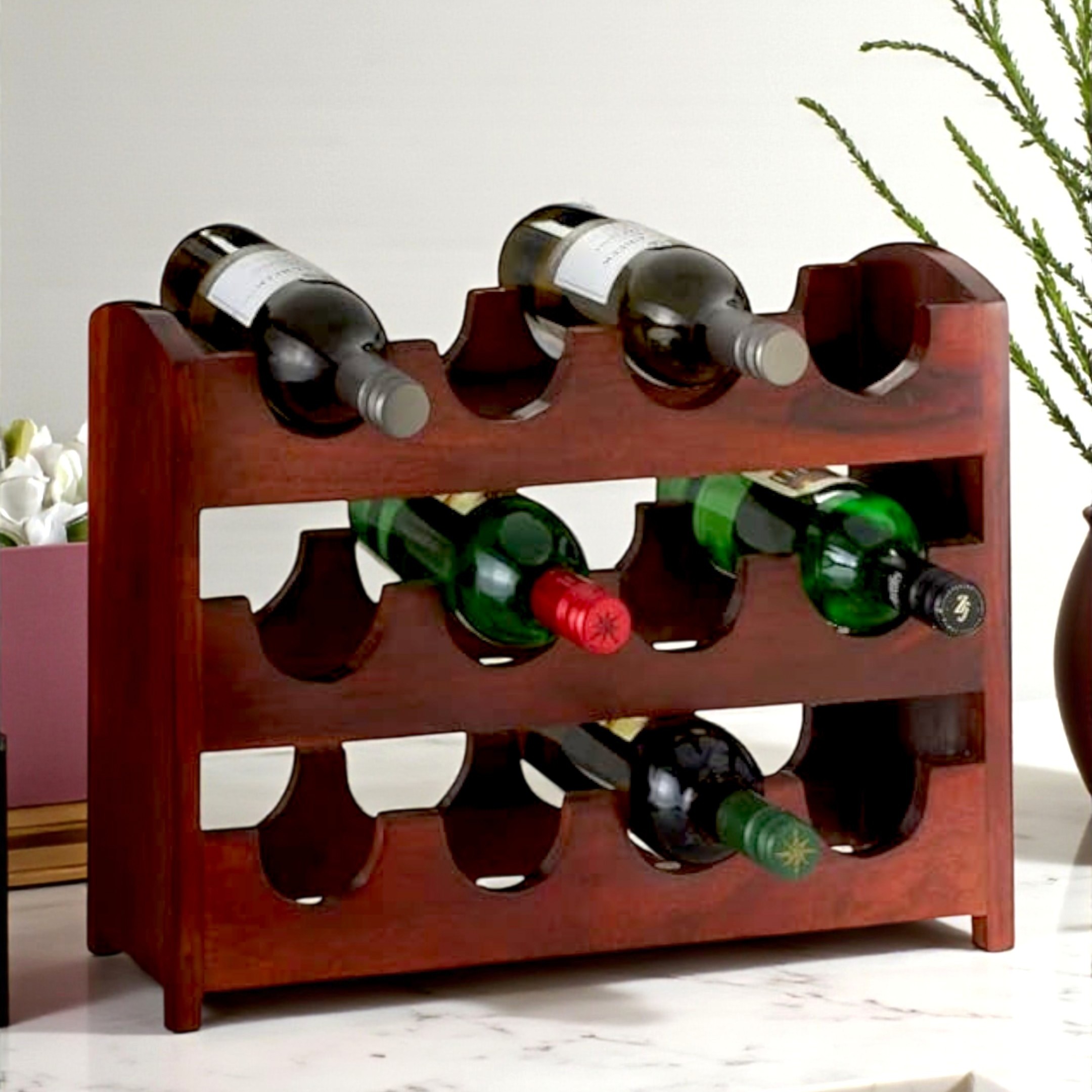 Ikiriya Sheesham Wood Accent Wine Rack in Honey Finish