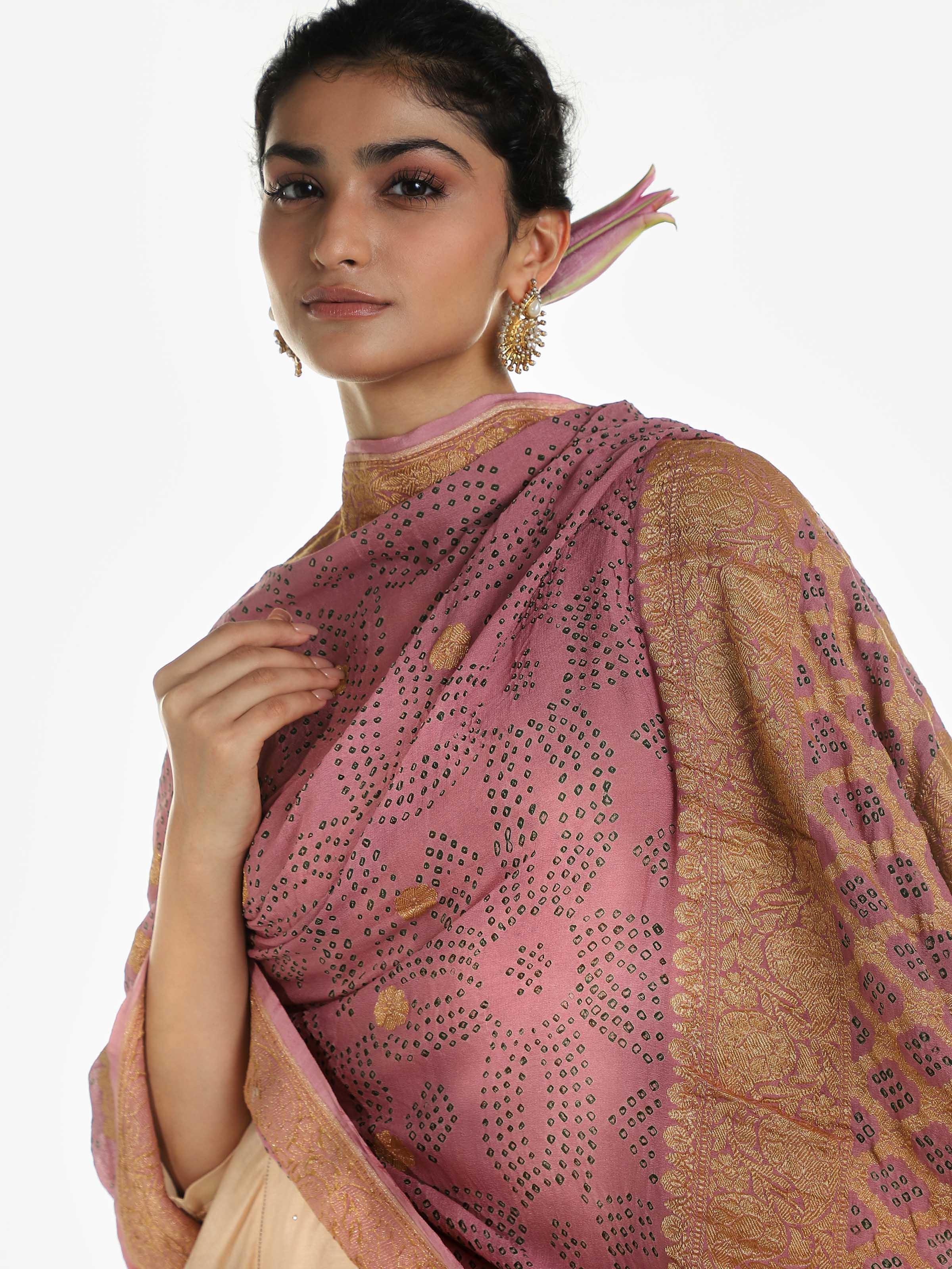 Pastel Pink Banarasi Crepe Bandhani Tie & Dye Dupatta