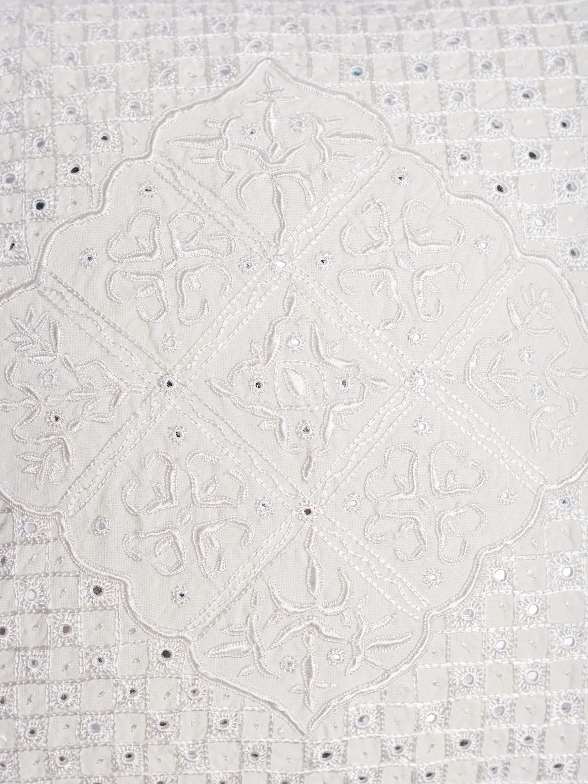 Lippan White Pakko Grid Hand Embroidered Cotton Cushion Cover