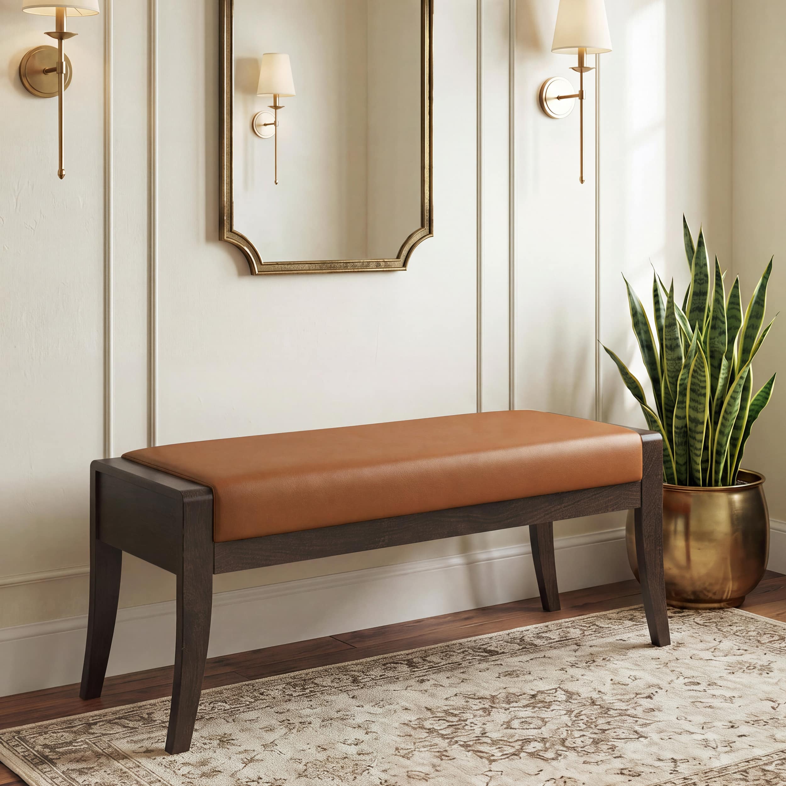 Ibha Solid Wood Entryway Bench In Dark Chestnut Finish with Nappa Tan Leatherette Colour