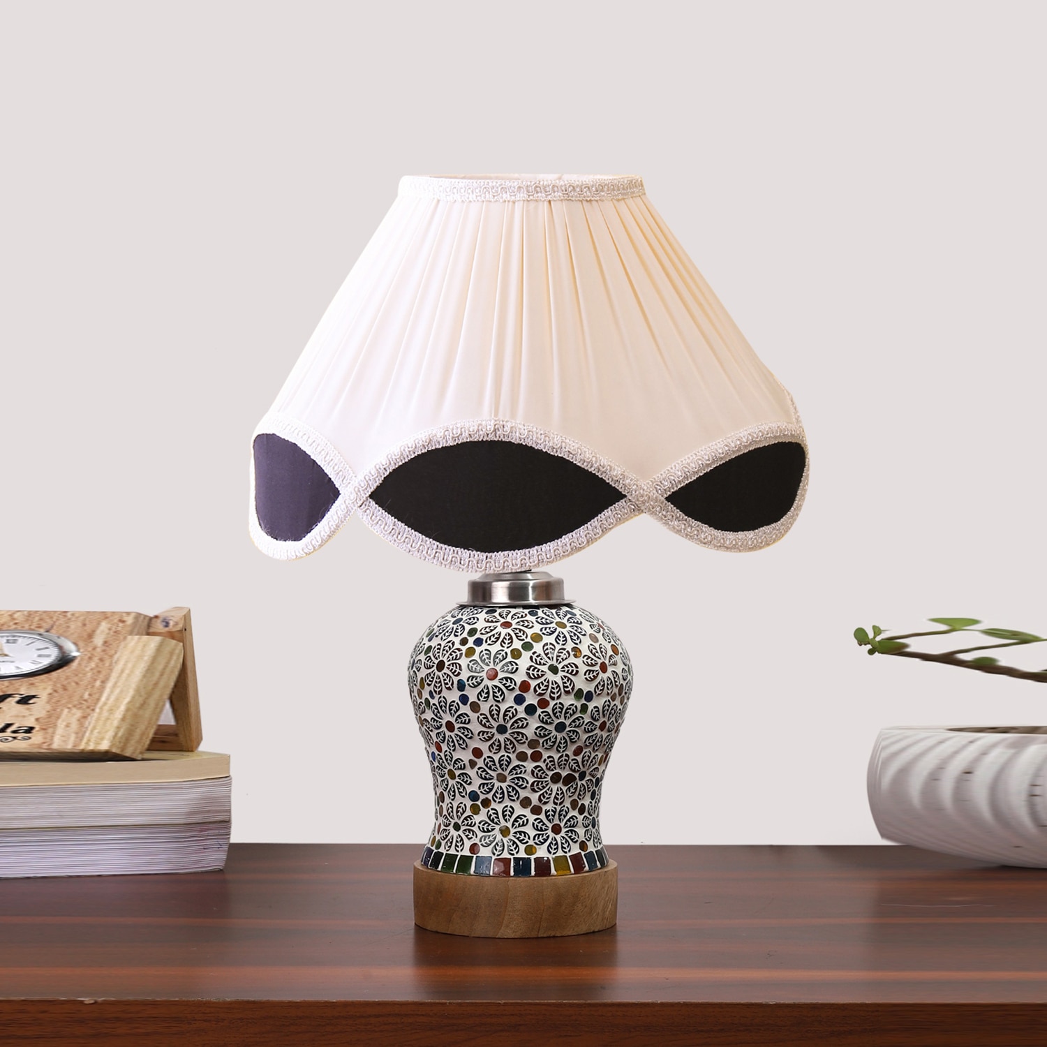 Devansh Multi  Vintage  Cotton Pleated Shade Lamp With Wood & Mosaic Glass Base For Decoration/Office/Home/Gifting/Study For Decoration/Office/Home/Gifting/Study - Devansh