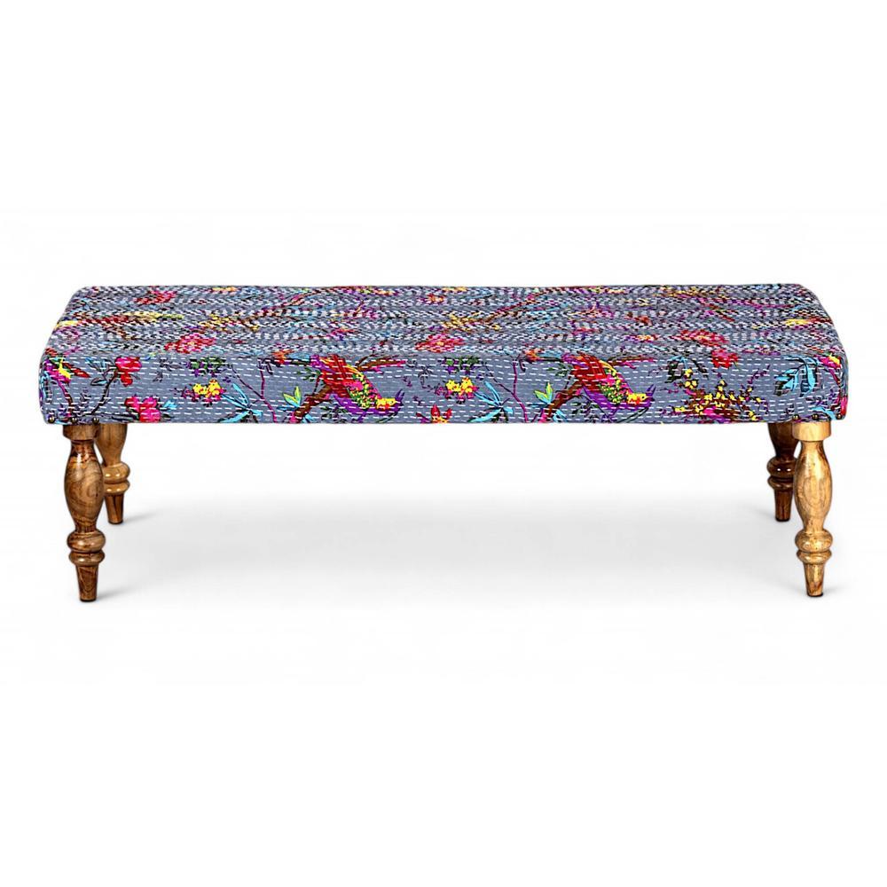 Cairo Solid Wood 2 Seater Bench In Bird Print Grey Kantha Fabric