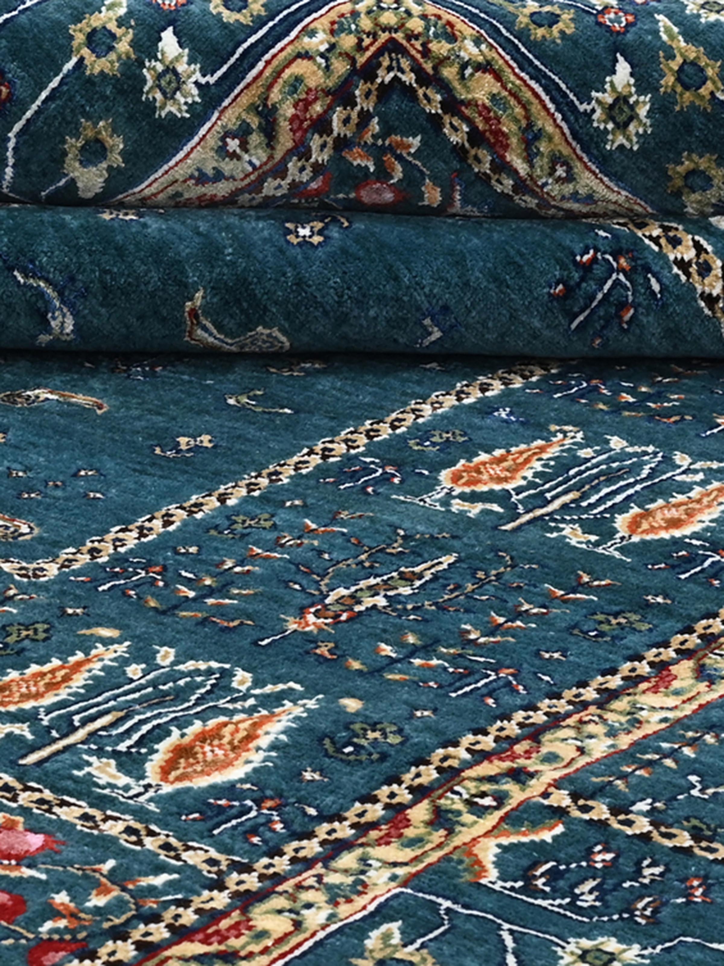 Traditional Persian Blue Rust Tree of Life Bhadohi Wool & Bamboo Silk Hand Knotted Rug