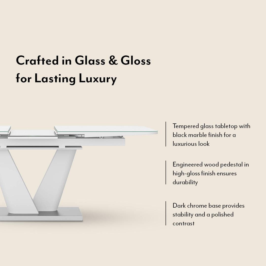 Caribu Glass 6 To 8 Seater Extendable Dining Table In White High Gloss Finish