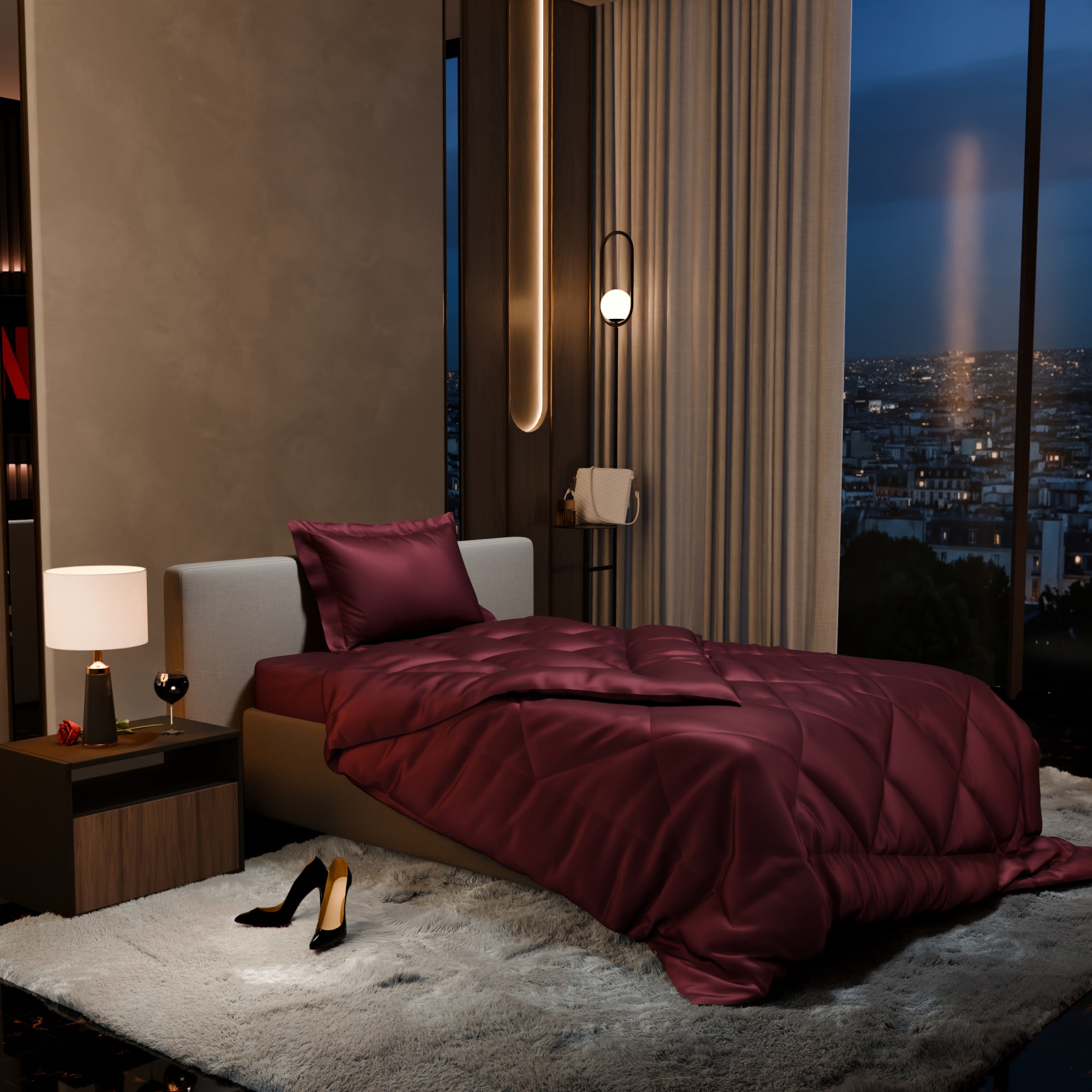 Stoa Paris Comforter for Single Bed, 300TC Satin Comforters in Velvet Wine