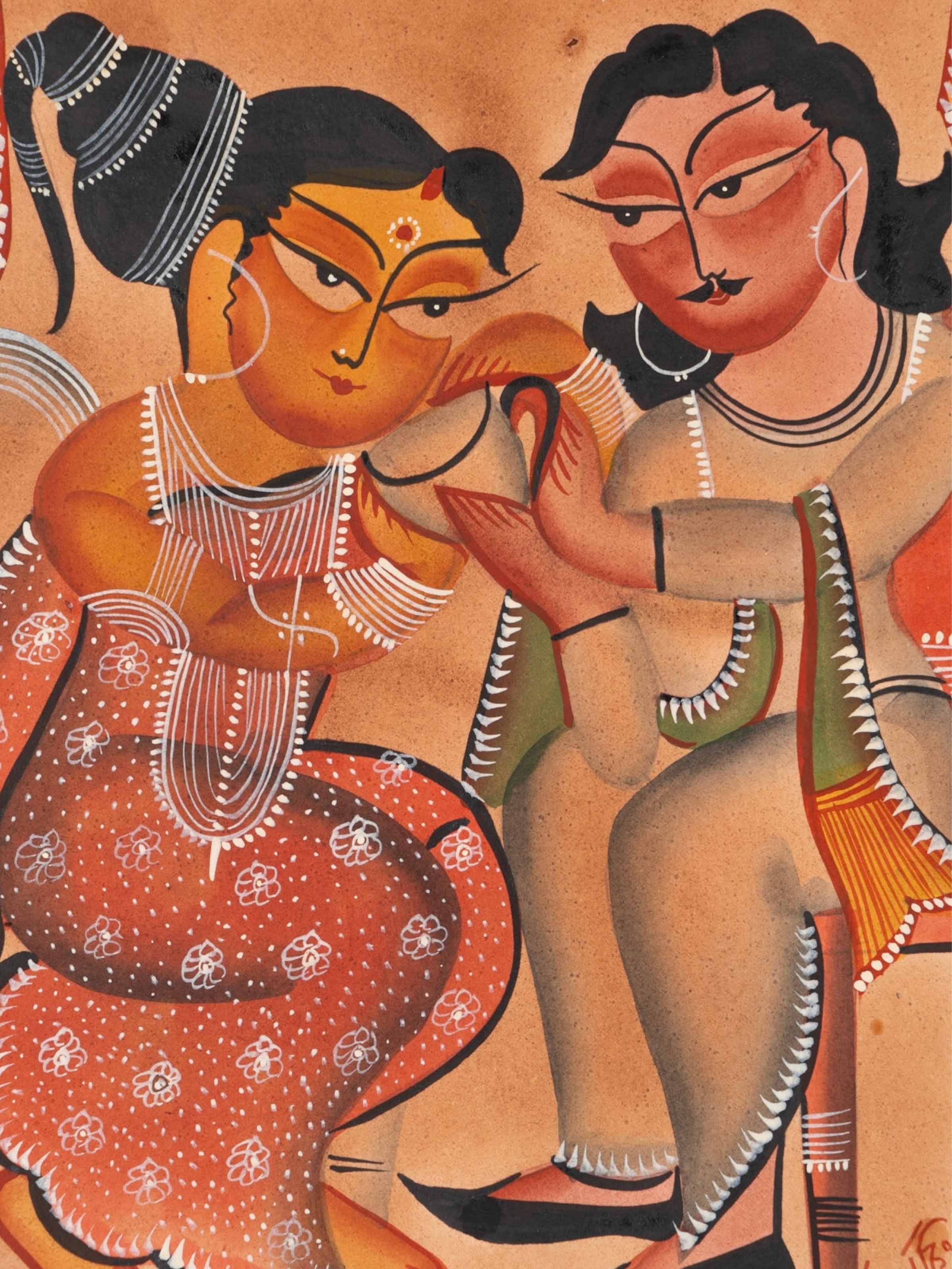 Detail close-up of Kalighat humans painting showing brushwork