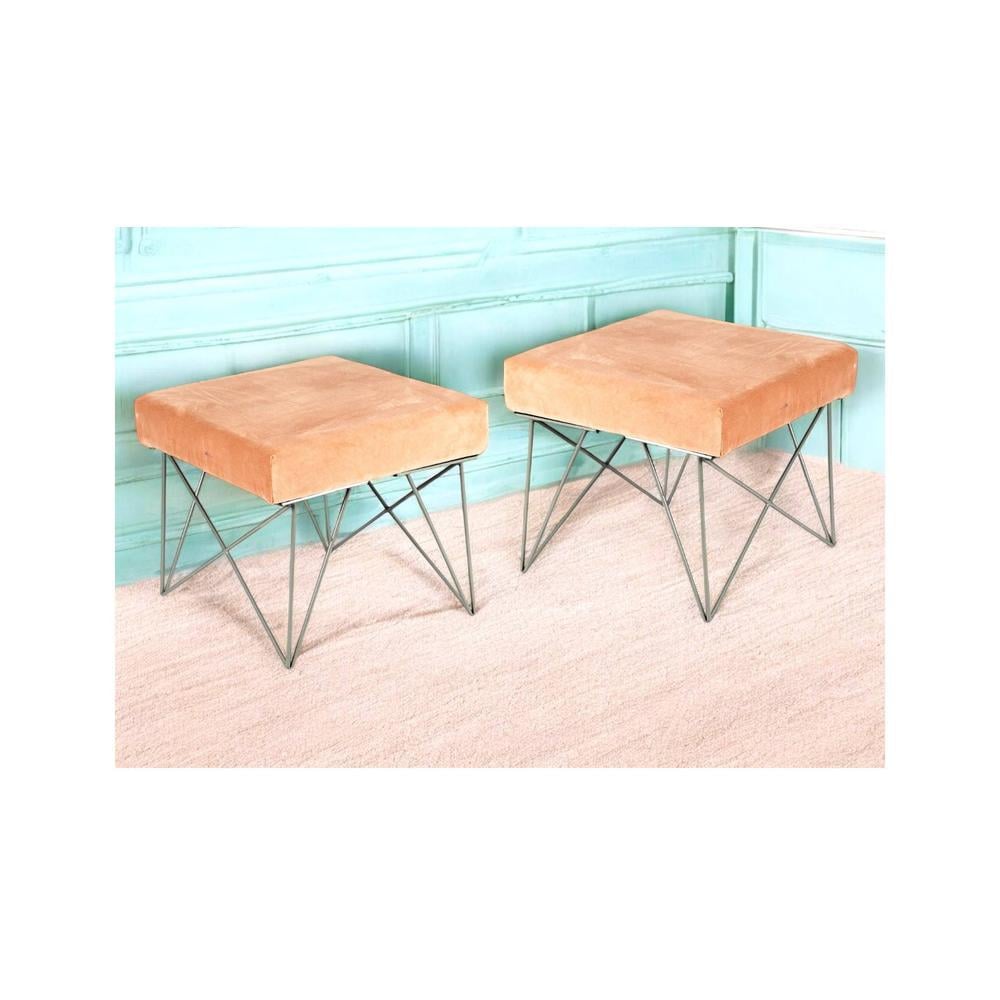 Asansol Sheesham Wood Accent Square Set of 2 Stools     in Melon Pink Cotton Velvet Upholstery