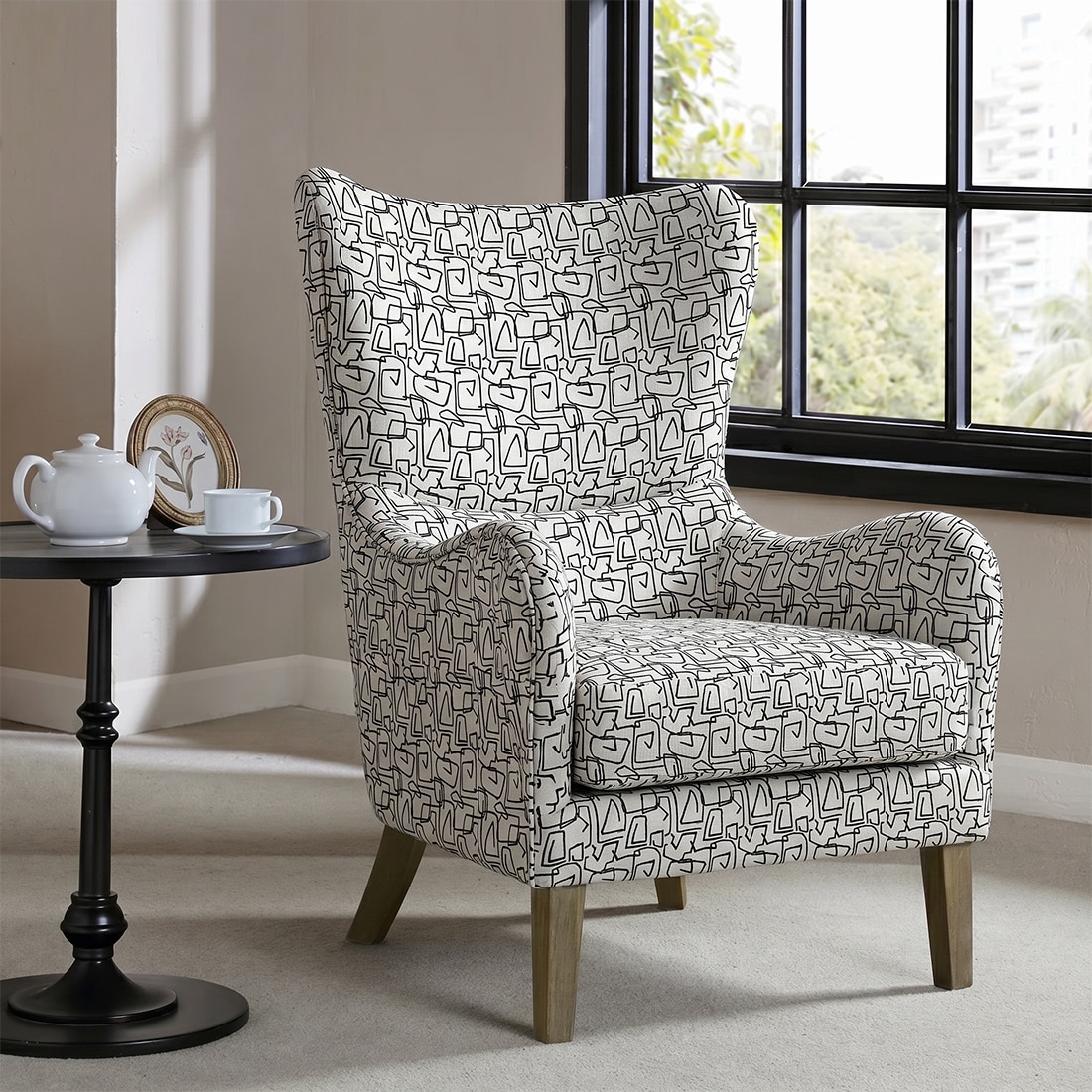 Carolina Printed Canvas Geometry Fabric Wing Chair in White Colour - KURSIWALLAH