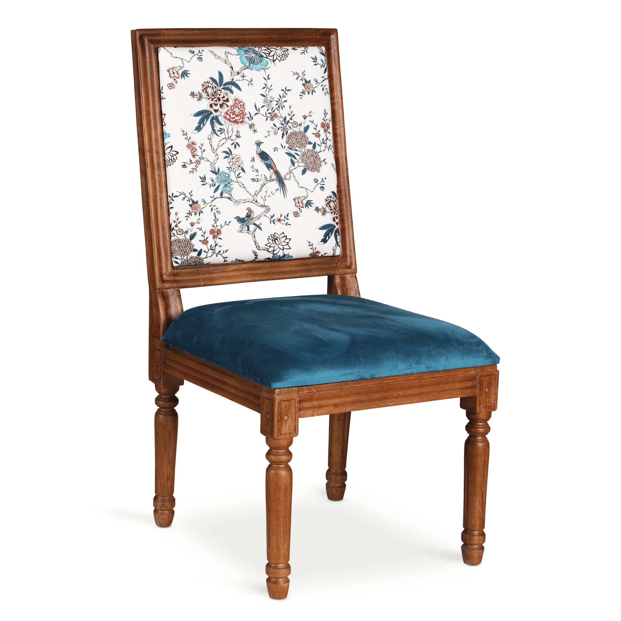 Globally Indian Sheesham Wood 4 Seater Dining Table Set With 4 Solid Wood Upholstered Chairs –  In Blue Color