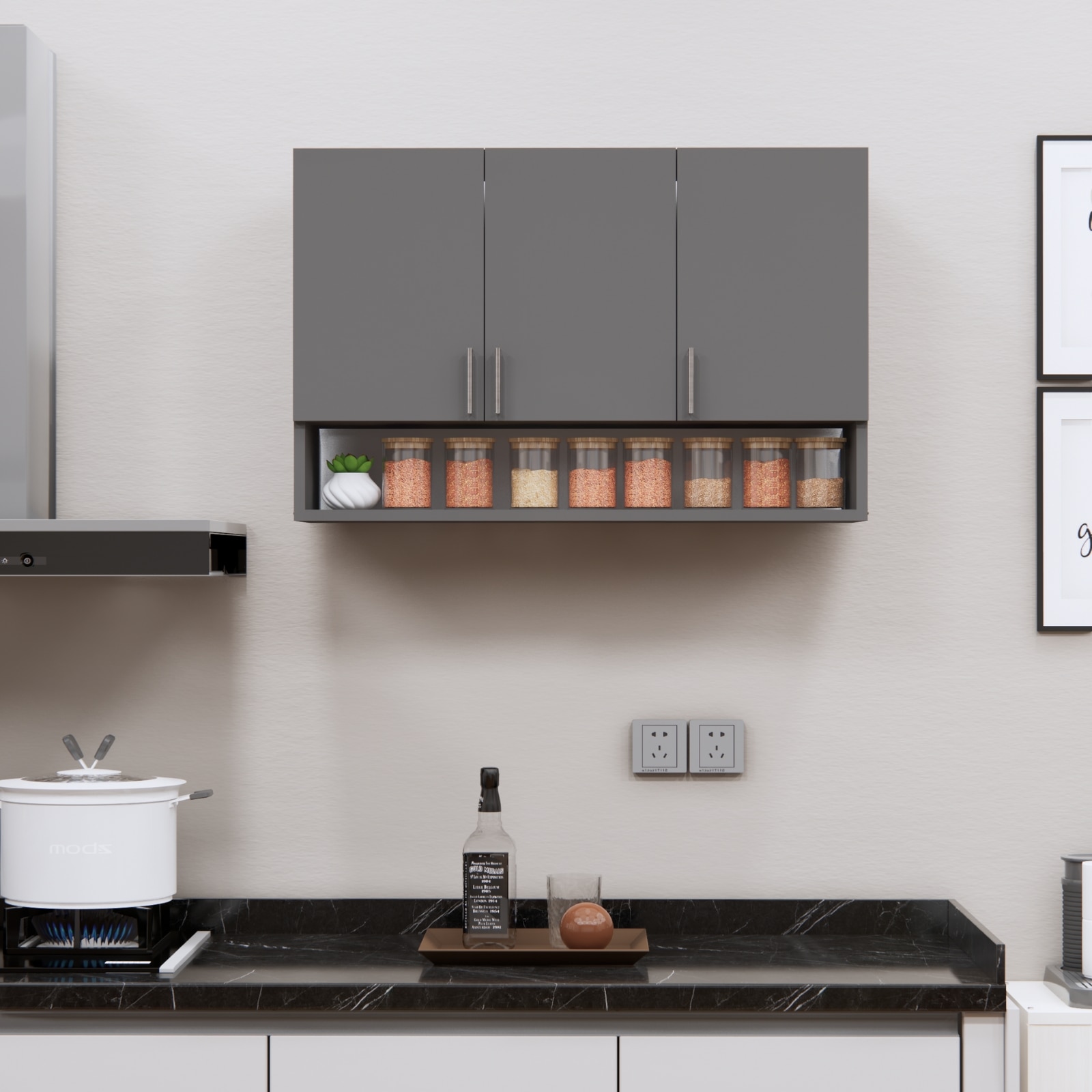 3 Doors Modular Wall Mounted Kitchen Cabinet With Organizer Shelf In Slate Slate Grey Finish