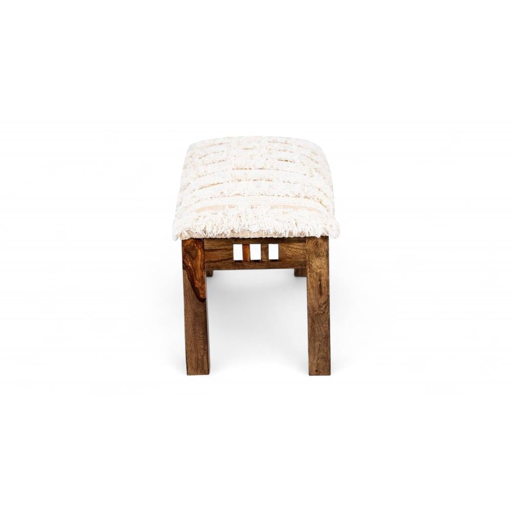Milford Sheesham Wood Mid Century 3 Seater Bench In Beige Fabric