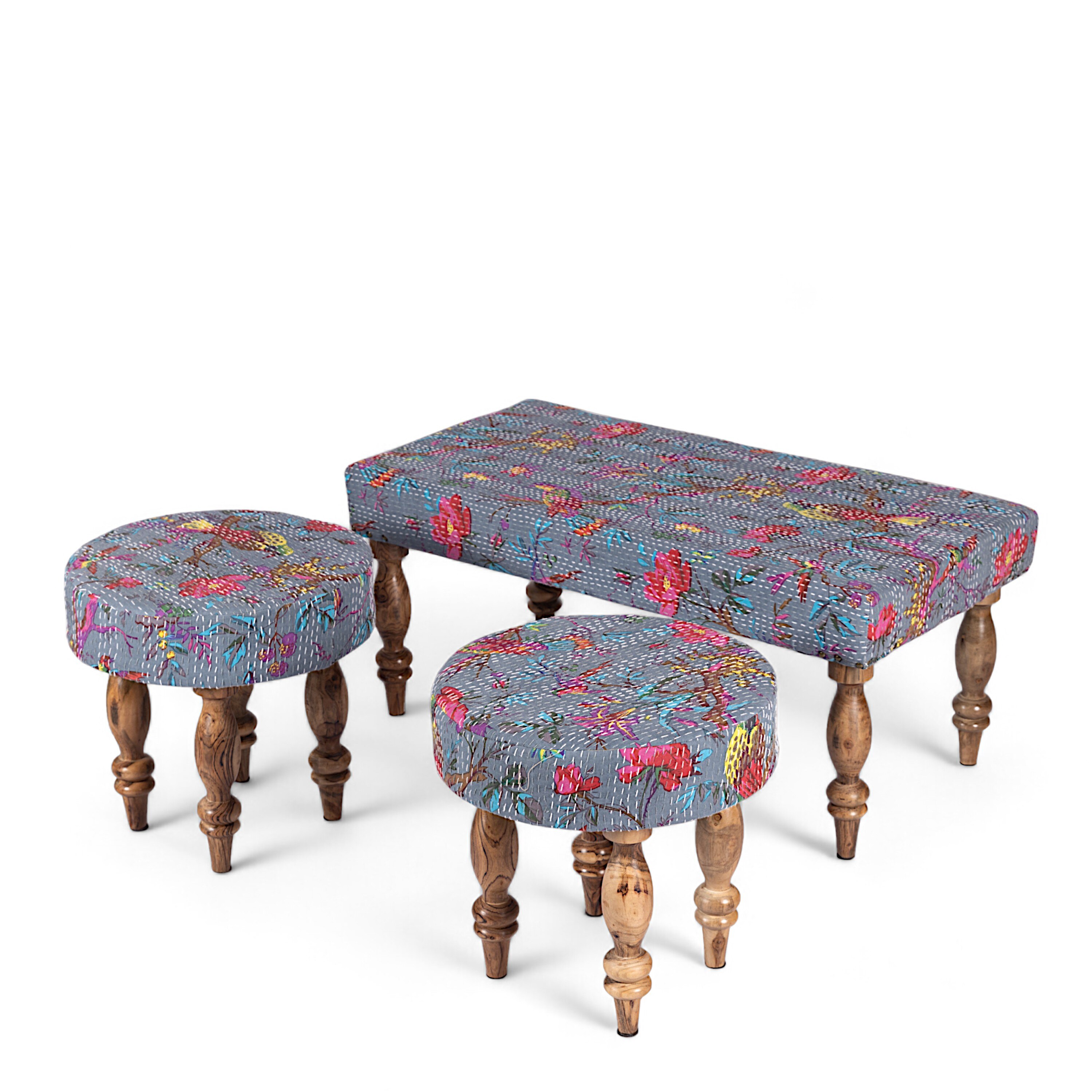 Bestone Sheesham Wood Mid Century 2+1+1 Seater Bench Set With 2 Stools In Grey Brid Print Kantha
