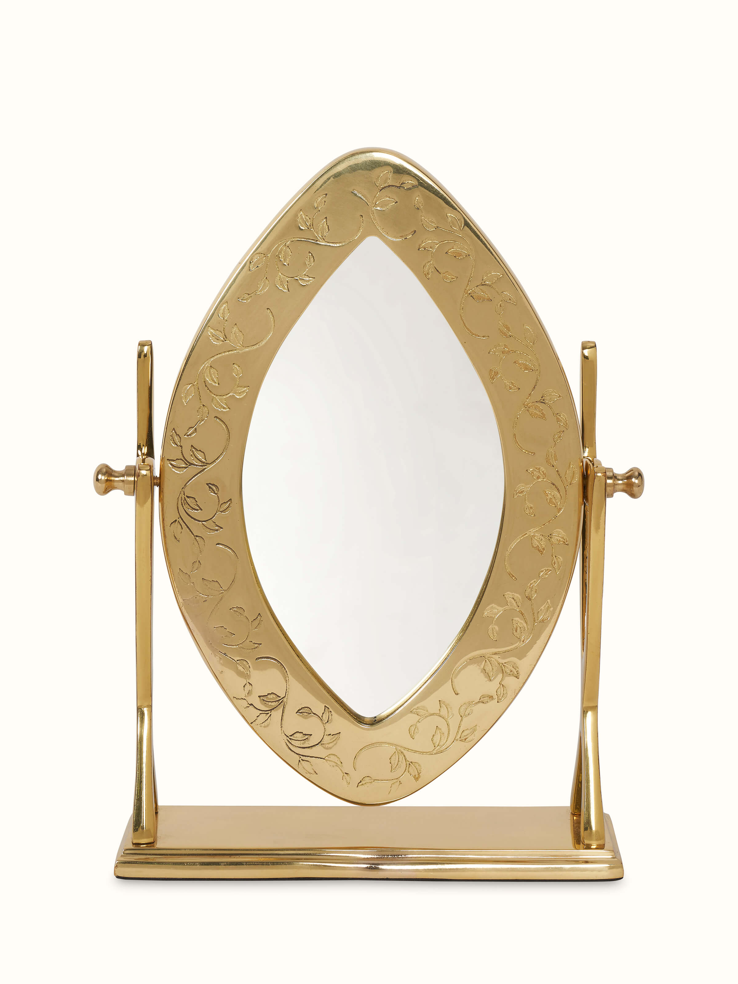 Front view of brass-plated table mirror highlighting its elegant finish