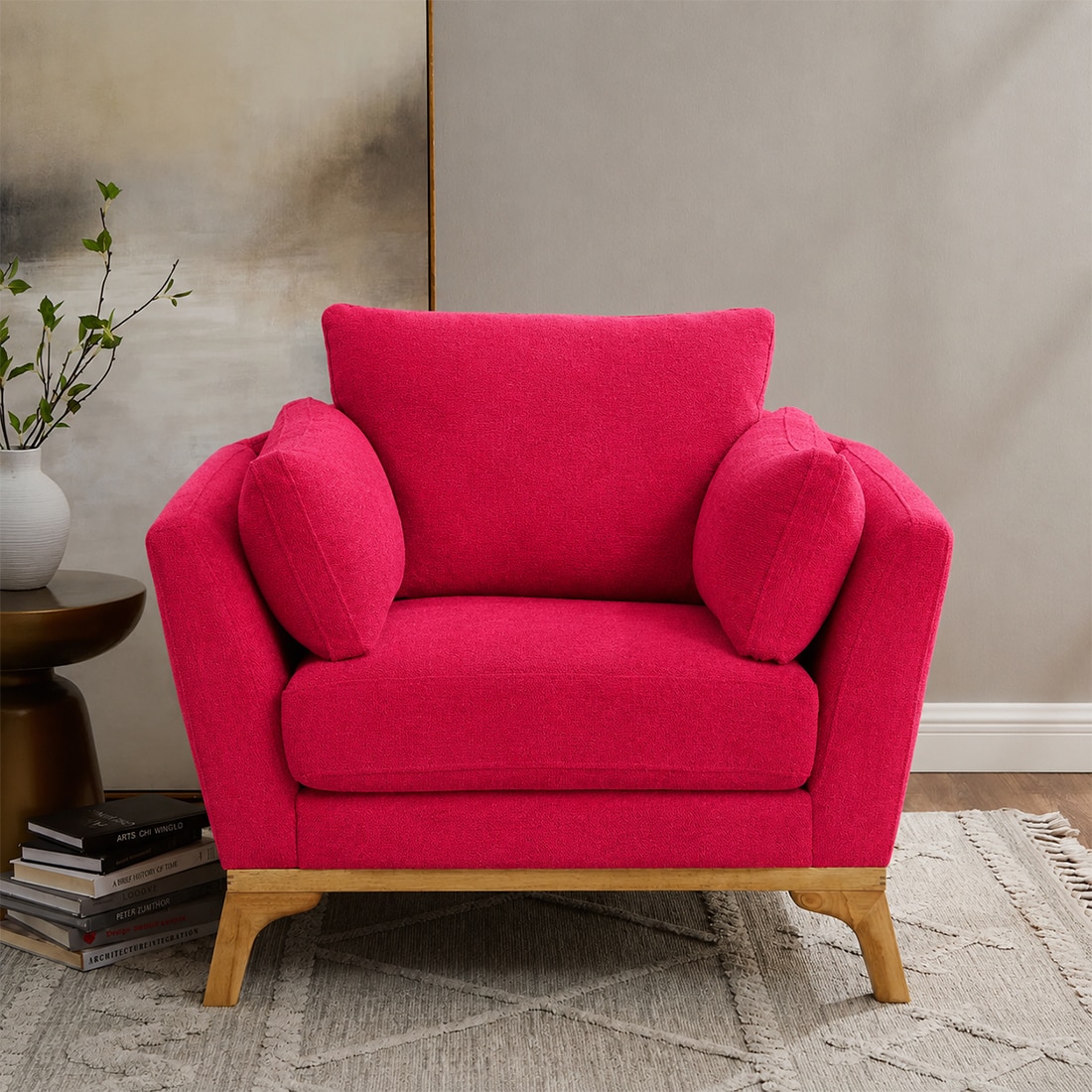 Lorentz Boucle Fabric Lounge Chair in Red Colour - KURSIWALLAH