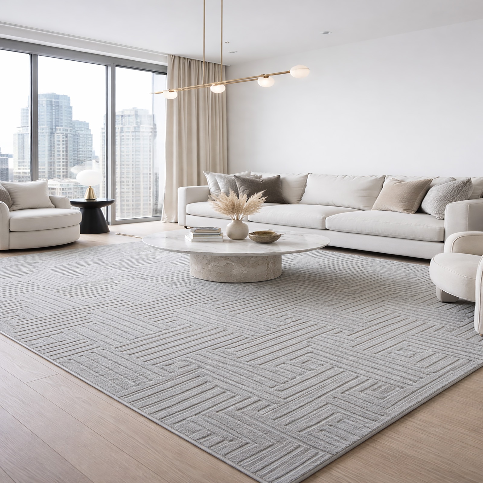 Linear MCarvedosaic Wool Rectangle Carpets Hand Tufted in Lt.Grey Colour - The Woven Legacy