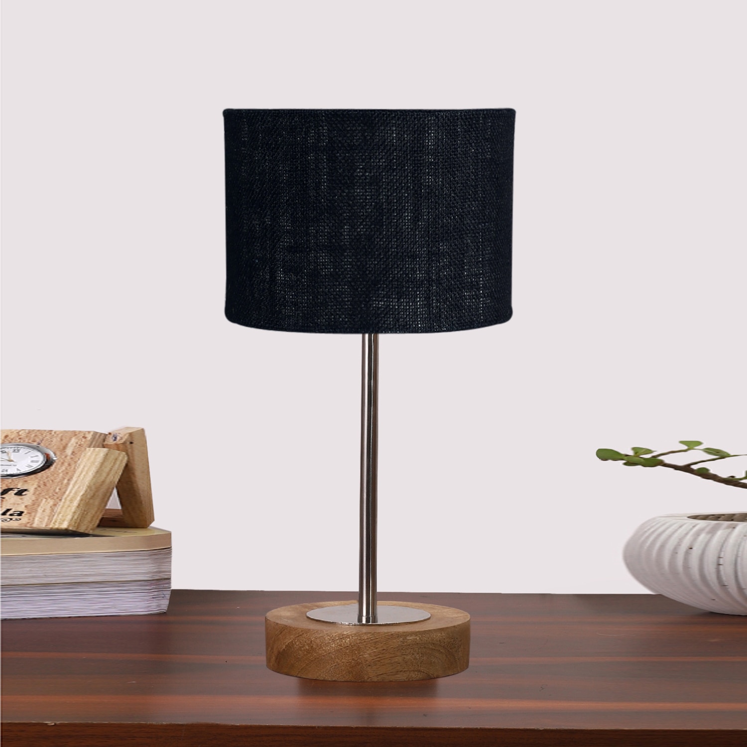 Devansh Black  Jute   Table Lamp With  Natural  Wood Base  & Steel Pipe (7X17 Inches)-17 - Devansh