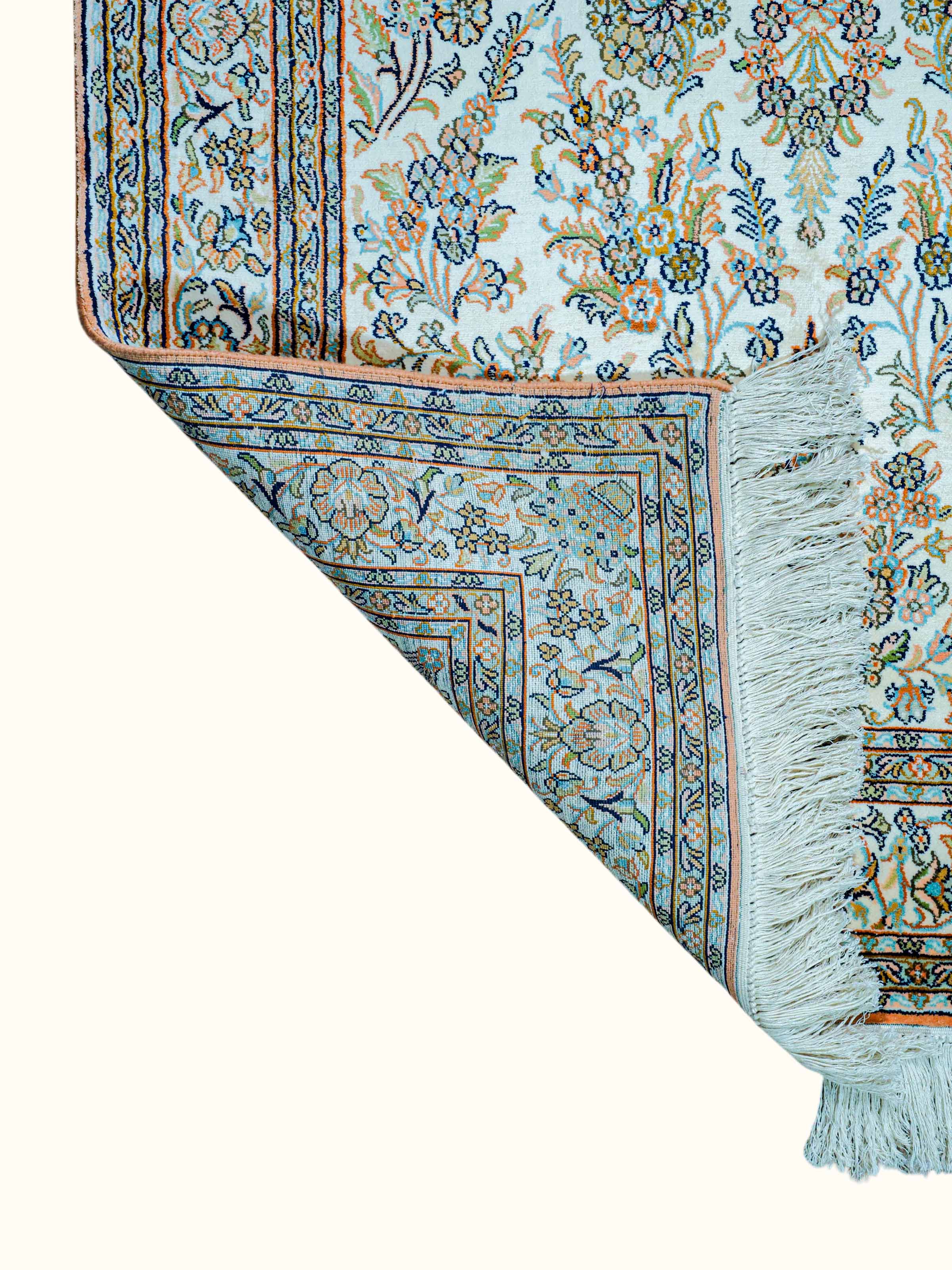 Traditional Persian Ivory Mahal Kashmir Silk Hand-Knotted Carpet