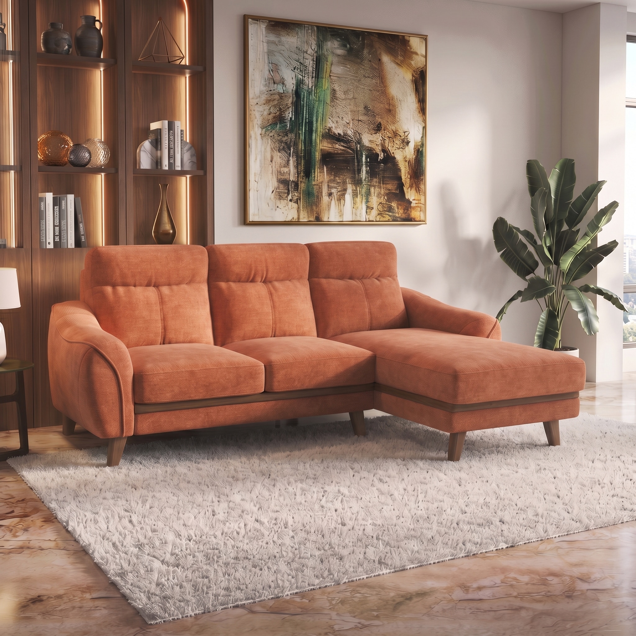 Ronan Right Aligned 3 Seater Sectional Fabric Sofa In Rust Colour - Urban Ladder