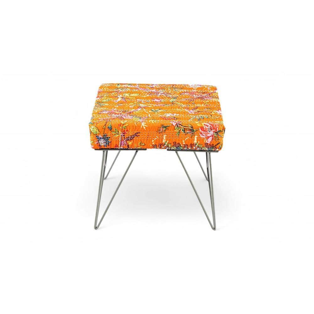 Asansol Sheesham Wood Mid Century Square Set of 2 Stools     in Bird Print Orange Kantha Upholstery