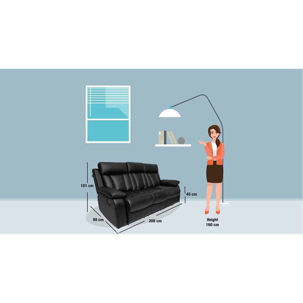 Magna Leatherette Three Seater Manual Recliner in Black Colour