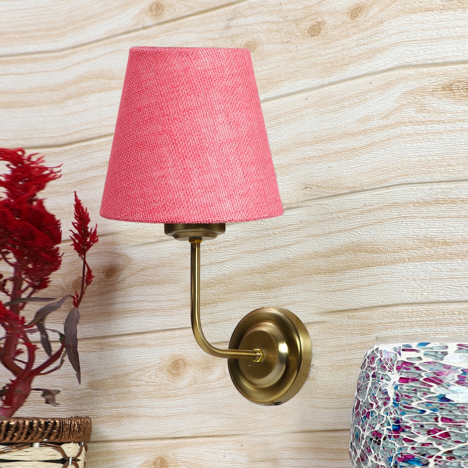 Devansh Metal Electric Wall Light in Gold Colour with Pink Shade Count of 1 Light - Devansh