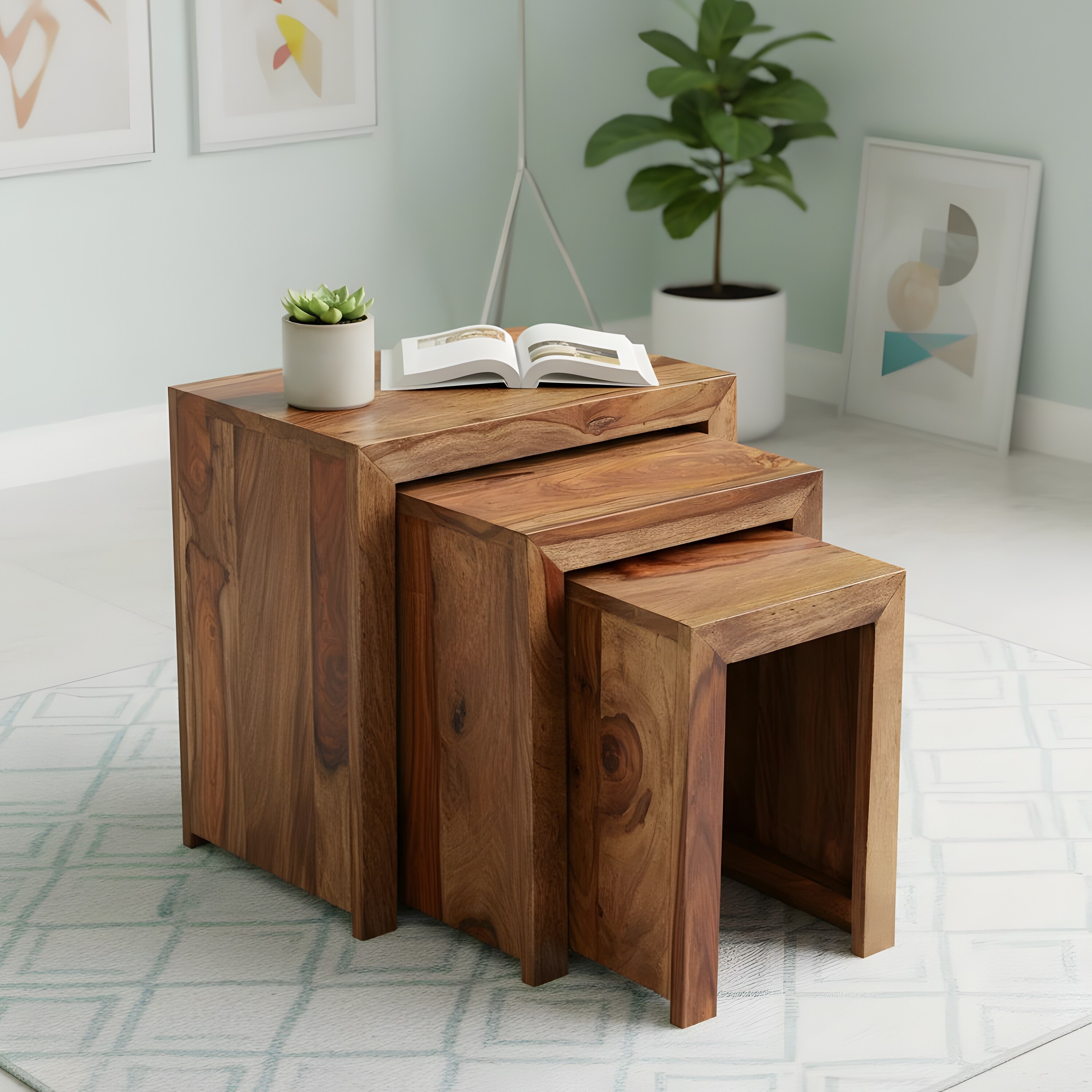 Oakland Sheesham Wood Contemporary Set Of 3 Nesting Tables In Natural Teak Finish