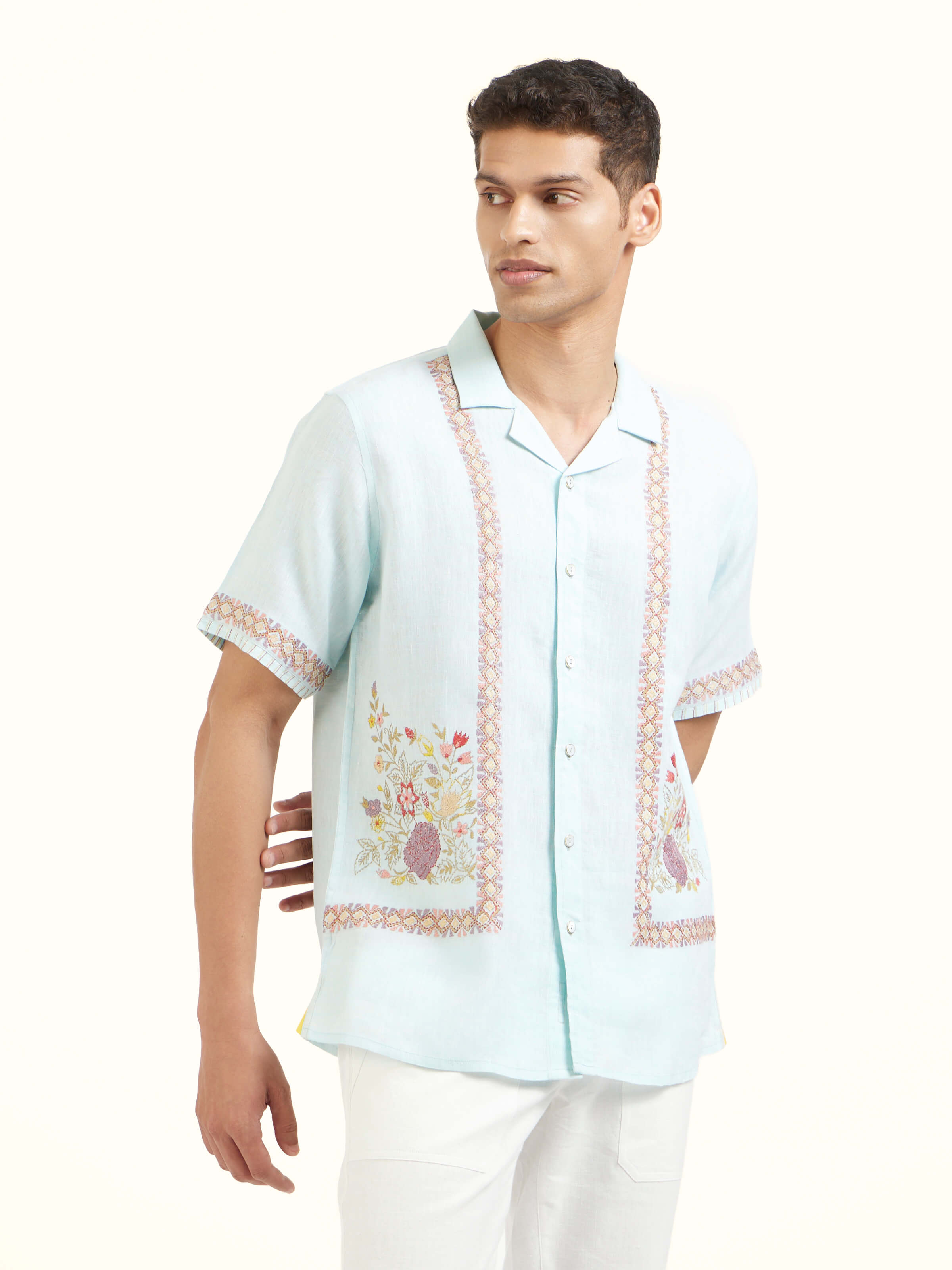 Aqua Kantha Embroidered Shirt