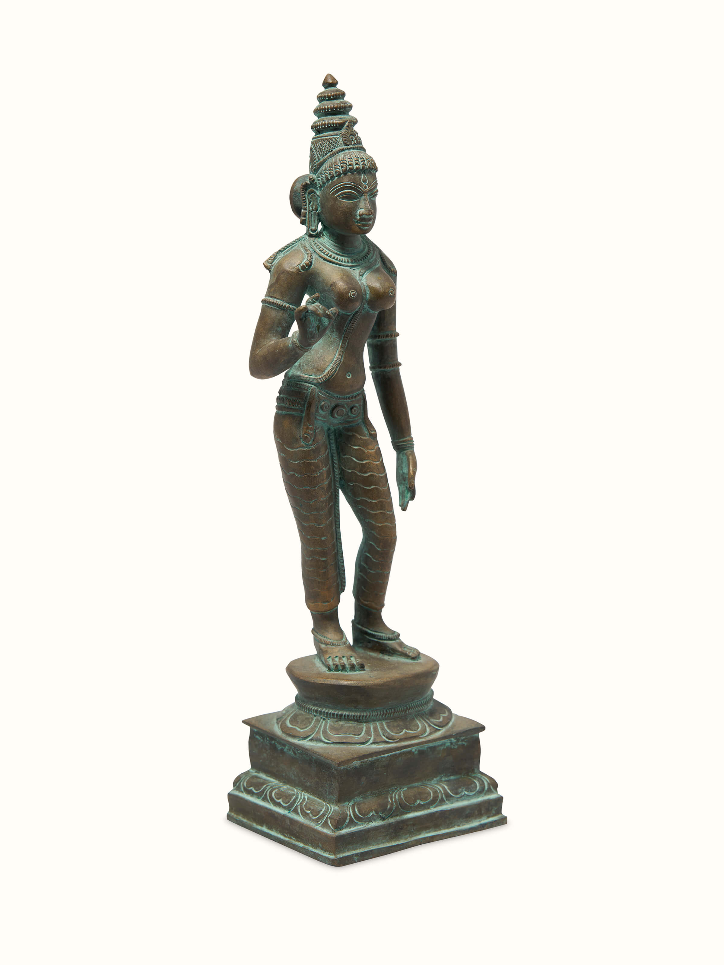 Side view of Antique Bronze Casting Goddess Parvati Idol from Swadesh, highlighting the detailed craftsmanship and graceful posture.