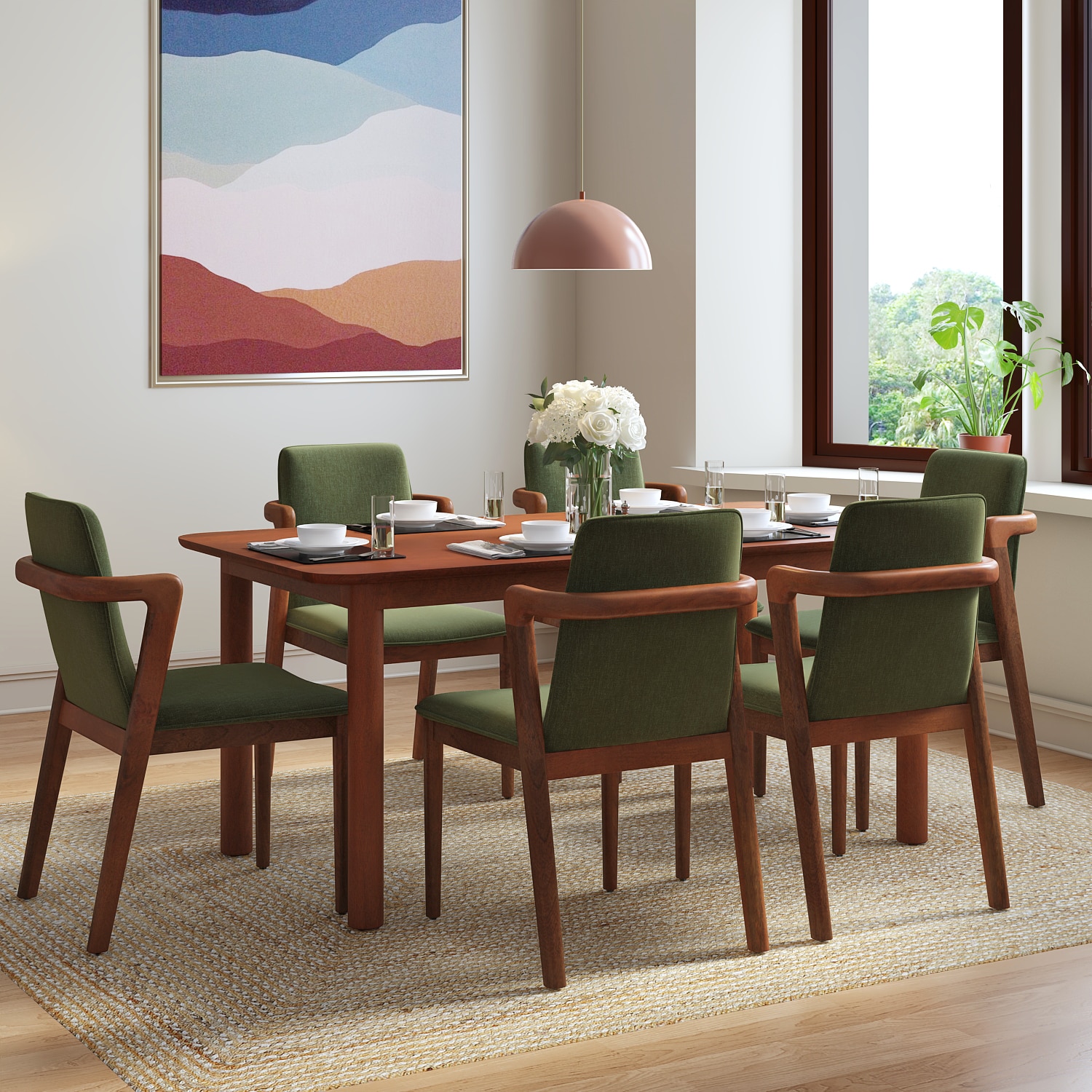 Dane Solid Wood Dining Table 6 Seater with 6 Harper Single Solid Wood Dining Chairs (Finish: Honey, Colour: Moss Green) - Urban Ladder