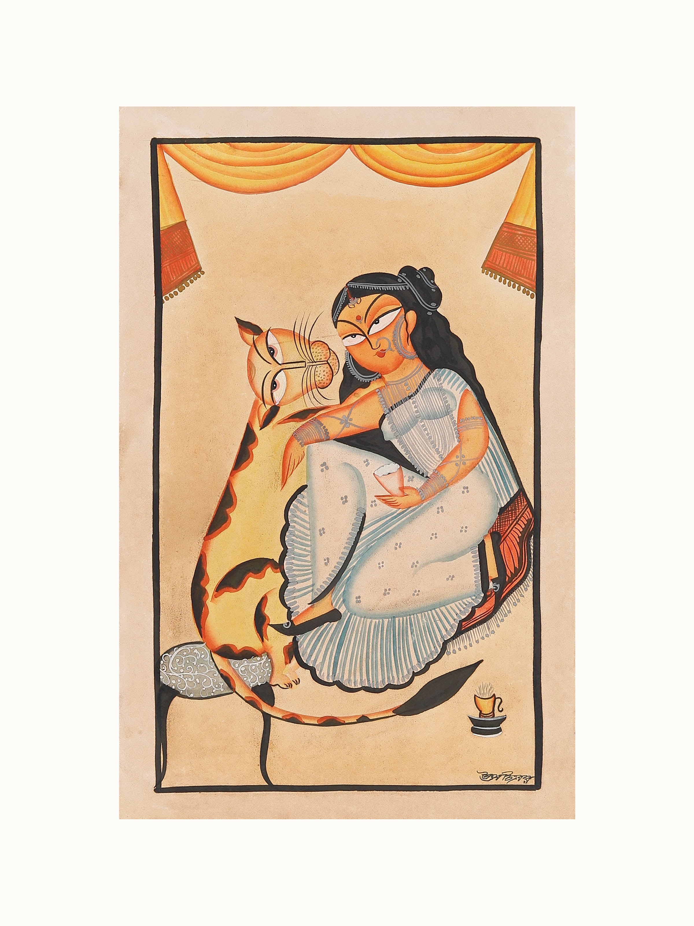 Animal love Kalighat painting in Bengali folk art style – front view